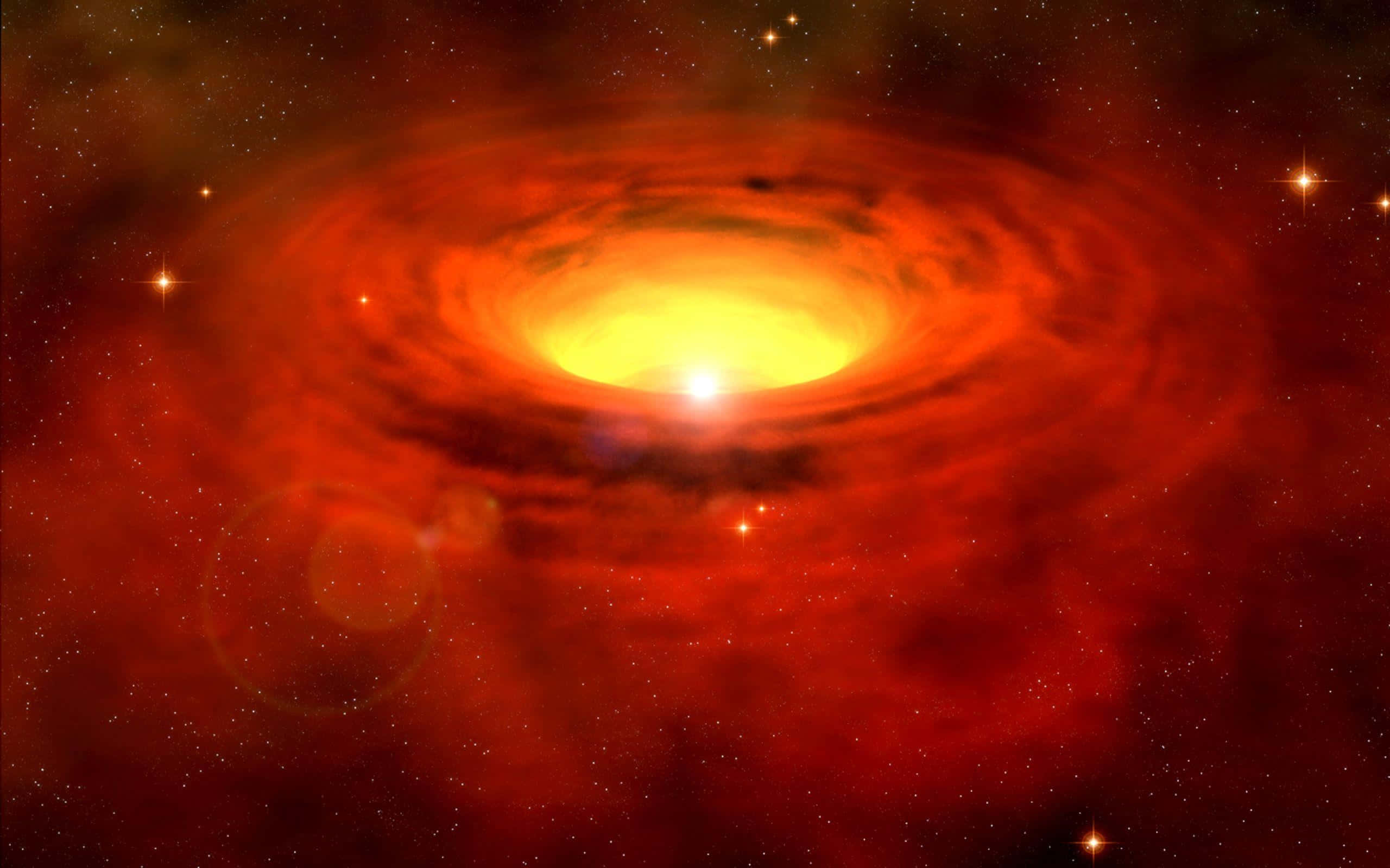 Quasar, yellow star, swirling red nebula, 2K Desktop Wallpaper