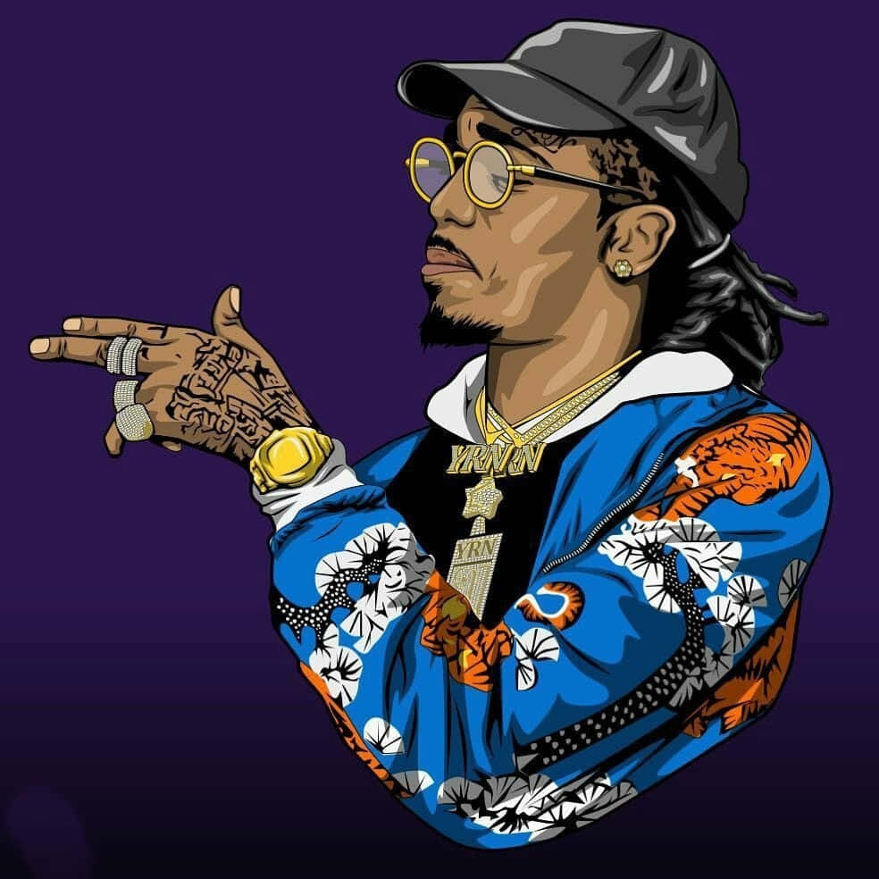 Quavo, blue tiger-print jacket, deep purple background, SD Desktop Wallpaper