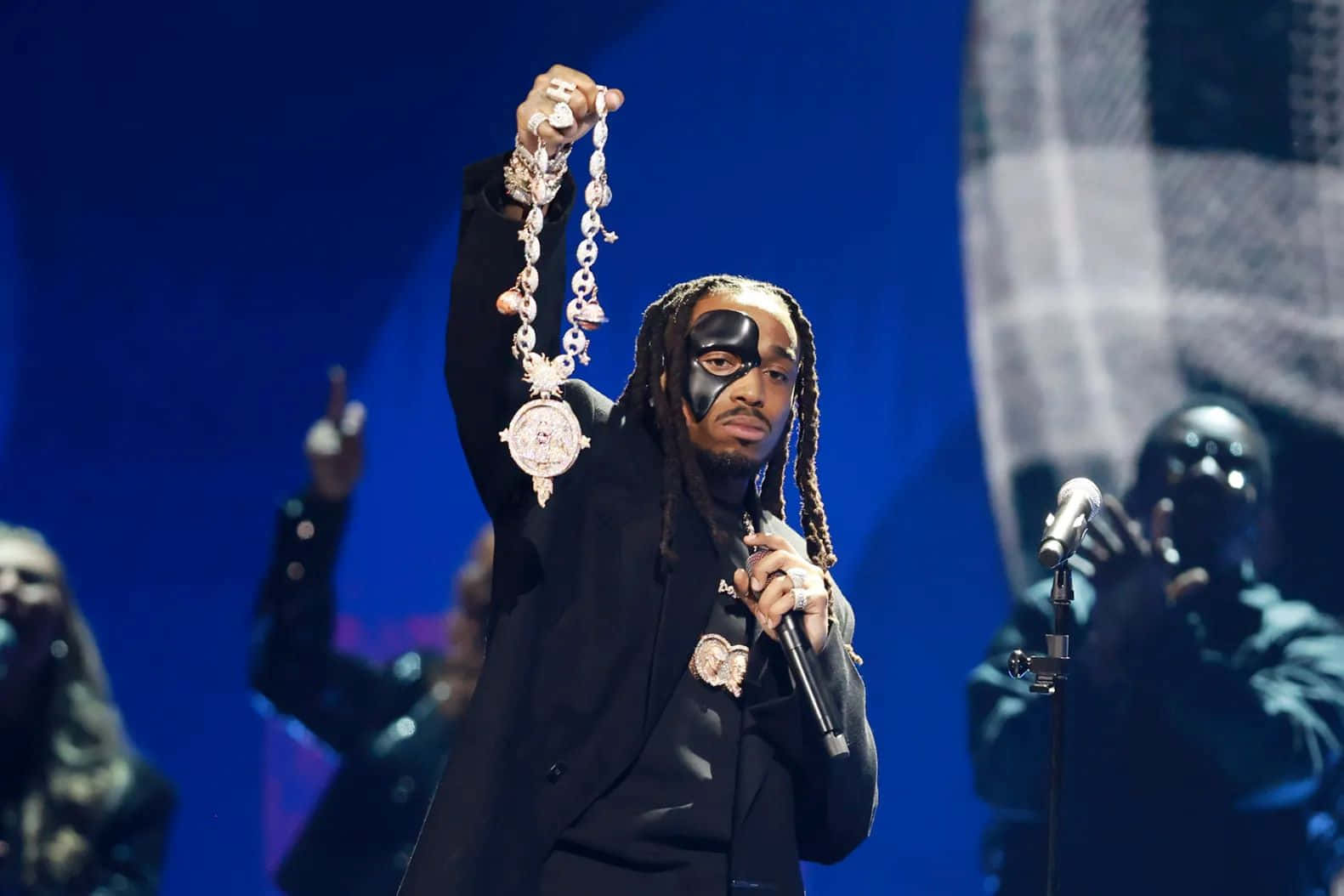 Quavo, black suit, face paint, HD Desktop Wallpaper