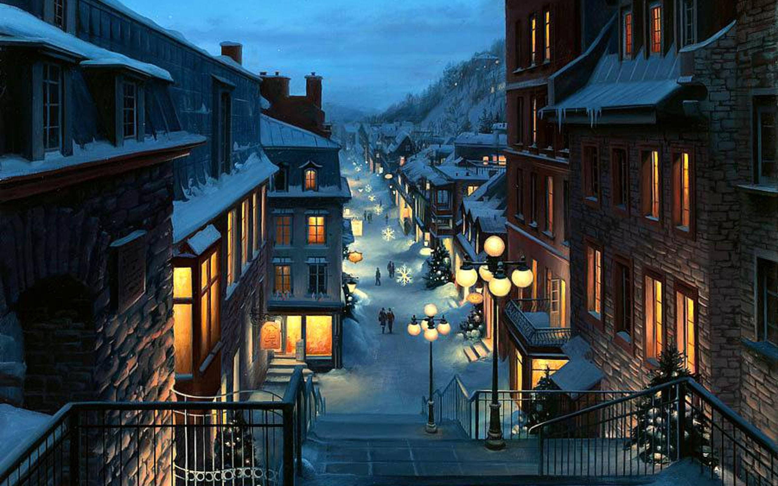 Quebec City, snow, twilight, 2K Desktop Wallpaper