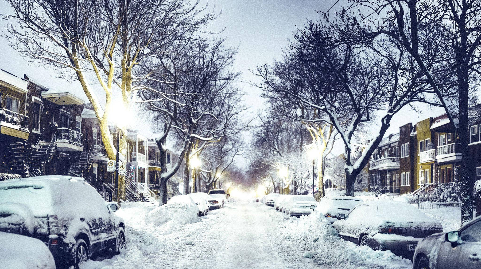 Quebec City, snow-covered urban street, night, Full HD Desktop Wallpaper