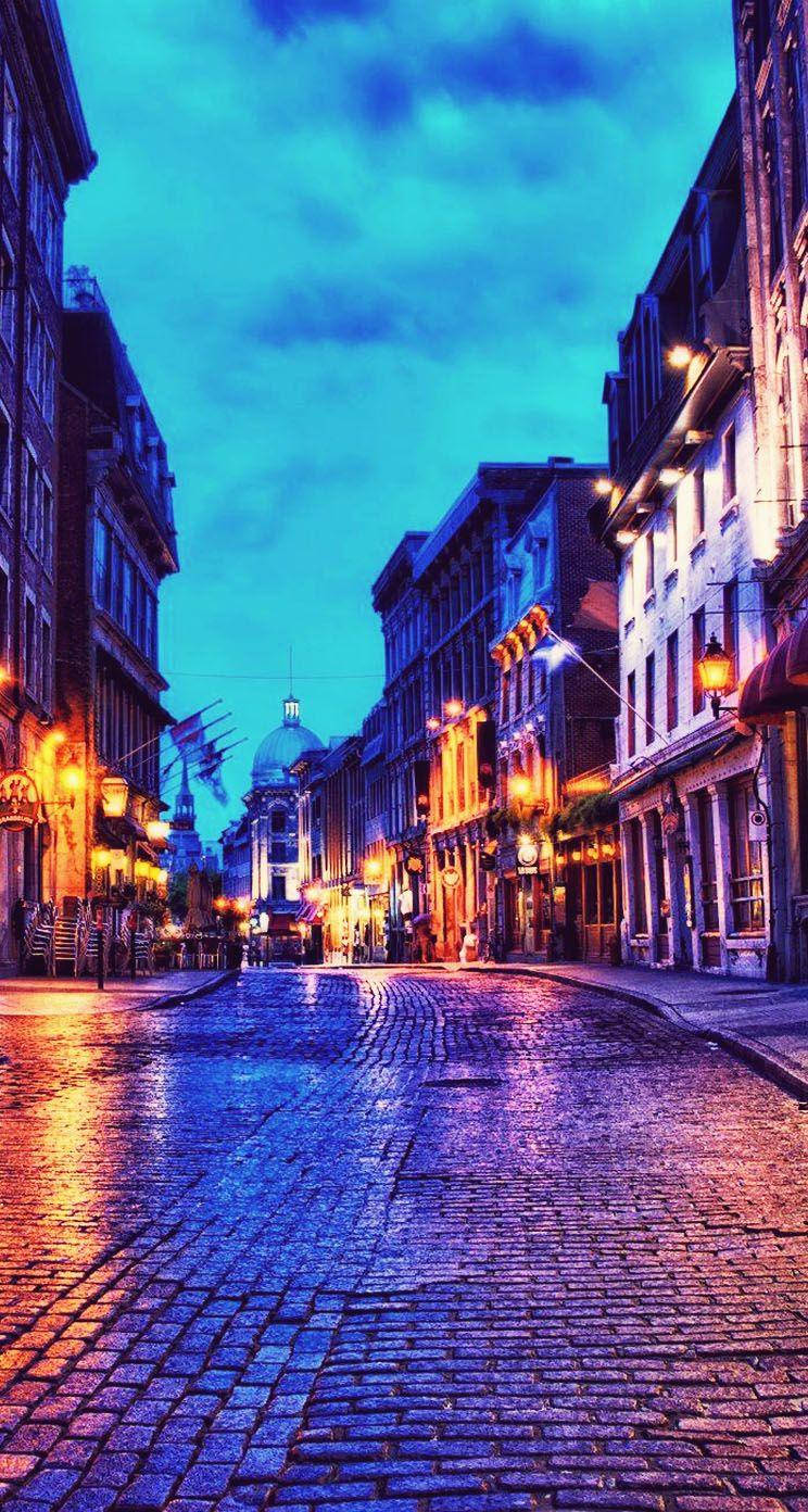 Quebec City, blue phone, cobblestone street, HD Phone Wallpaper