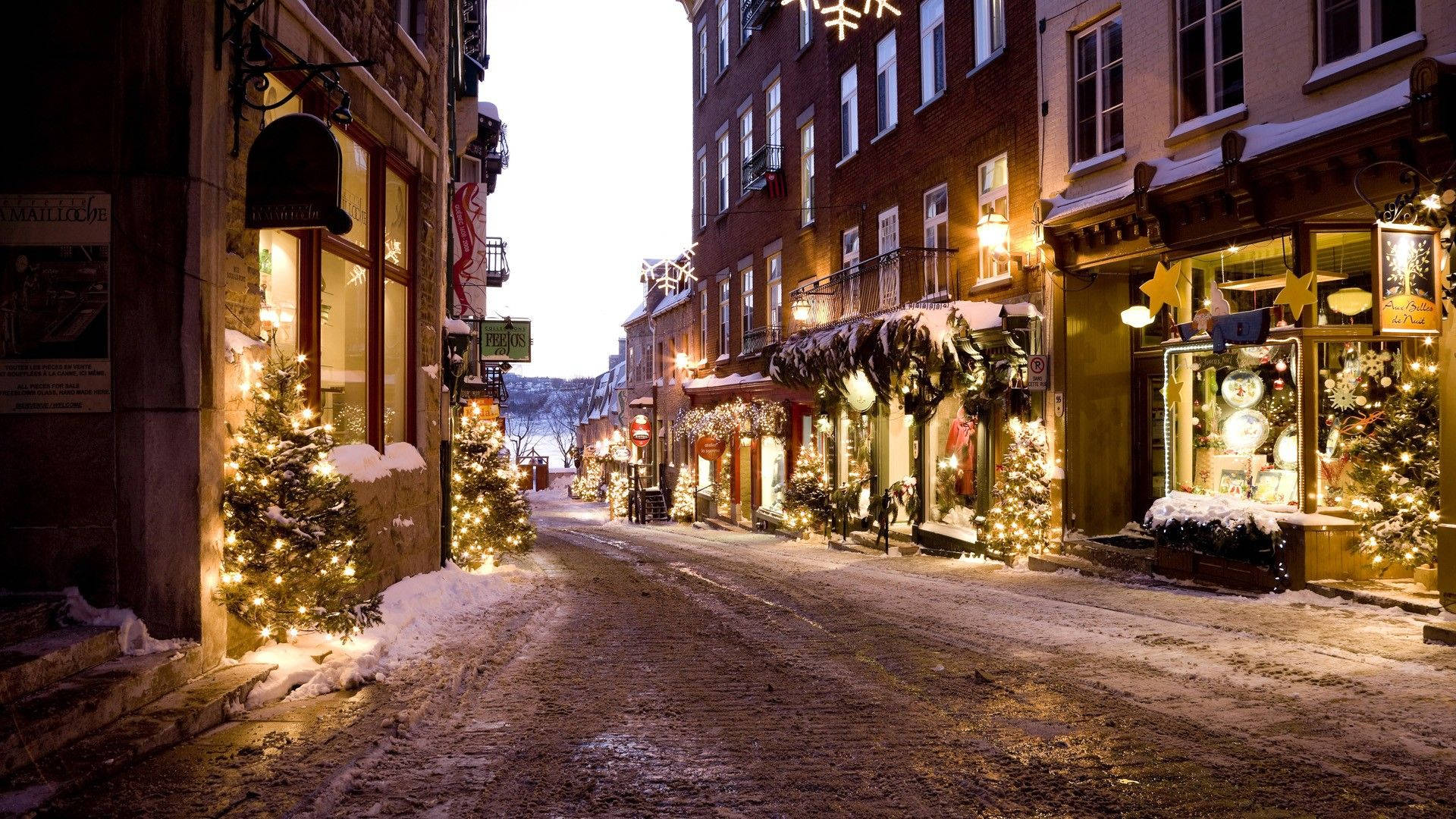 Quebec City, snowy cobblestone street, night, Full HD Desktop Wallpaper
