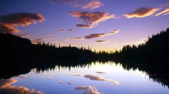 Quebec City, reflecting lake, fiery sunset clouds, SD Desktop Wallpaper