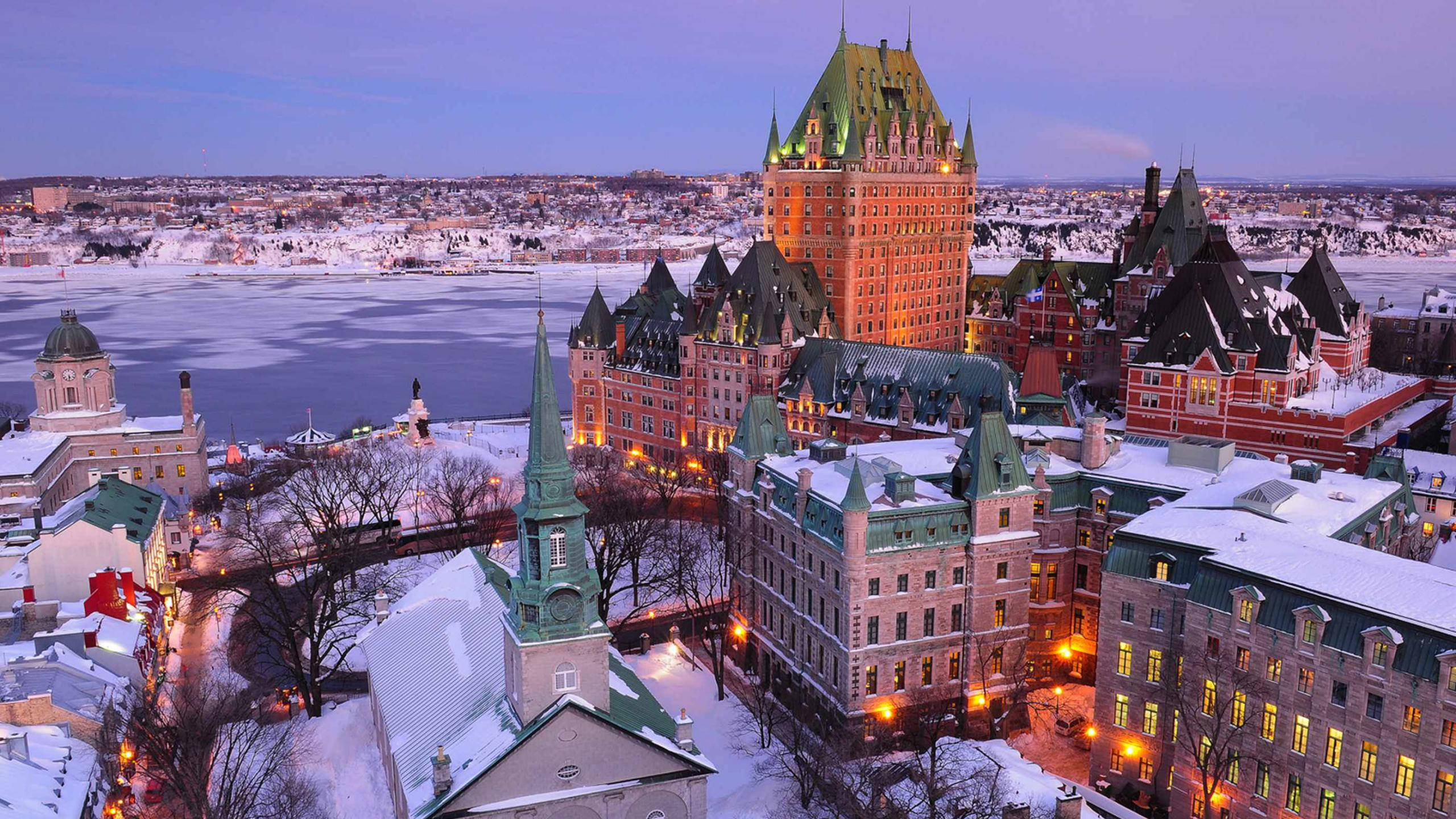 Quebec City, snow, twilight, 2K Desktop Wallpaper