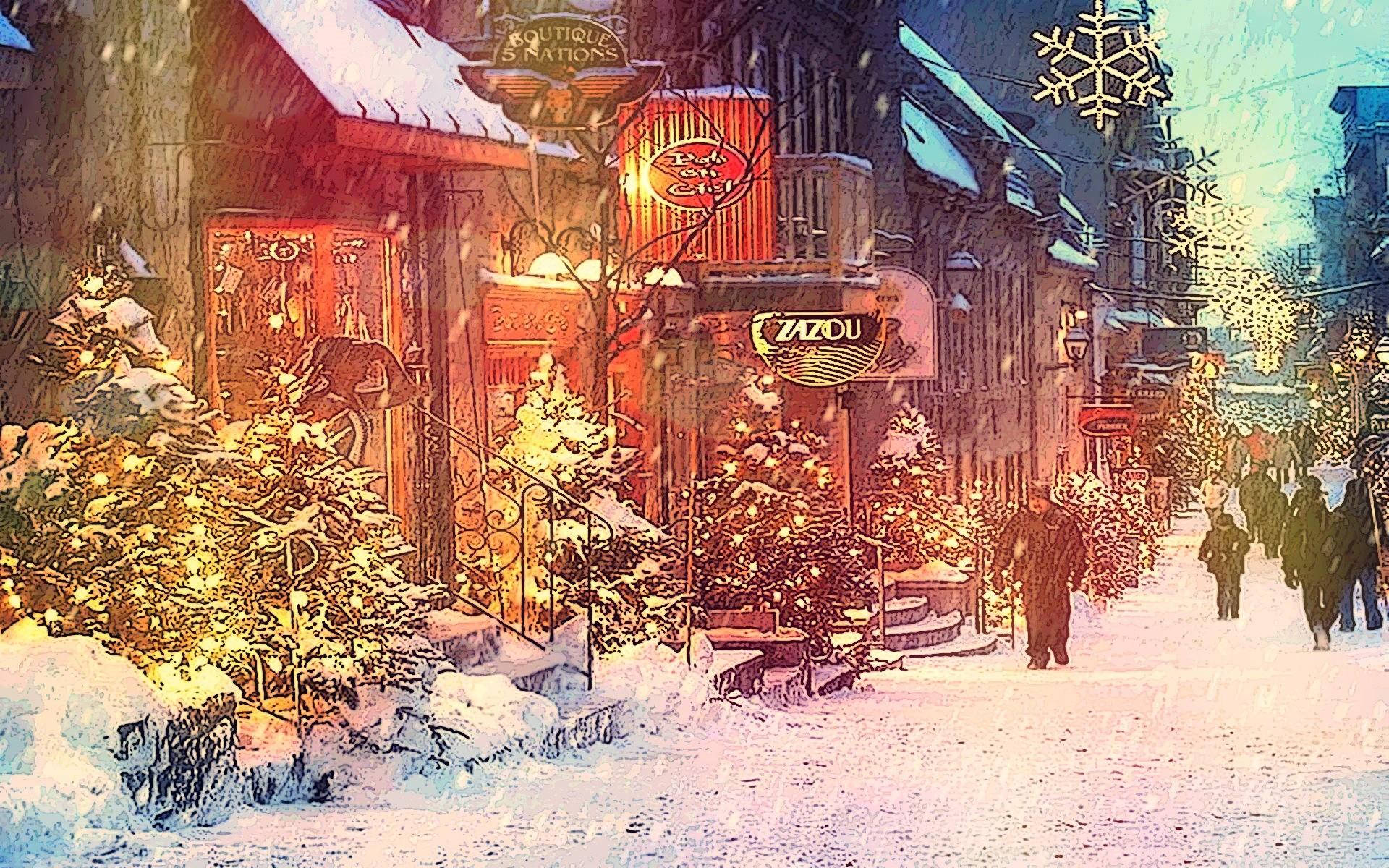 Quebec City, snow, European street, Full HD Desktop Wallpaper