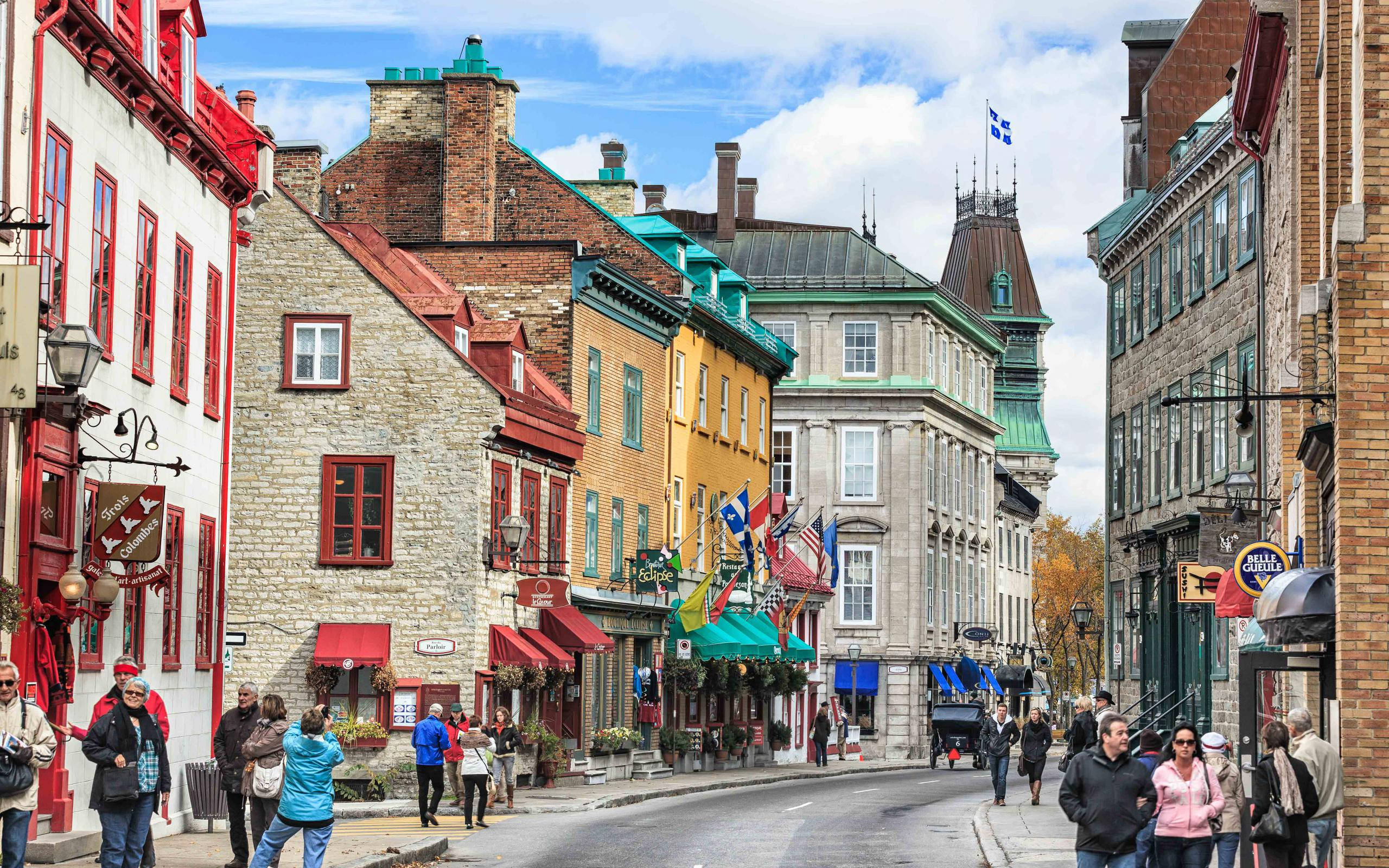 Quebec City, colorful stone buildings, red awnings, 2K Desktop Wallpaper