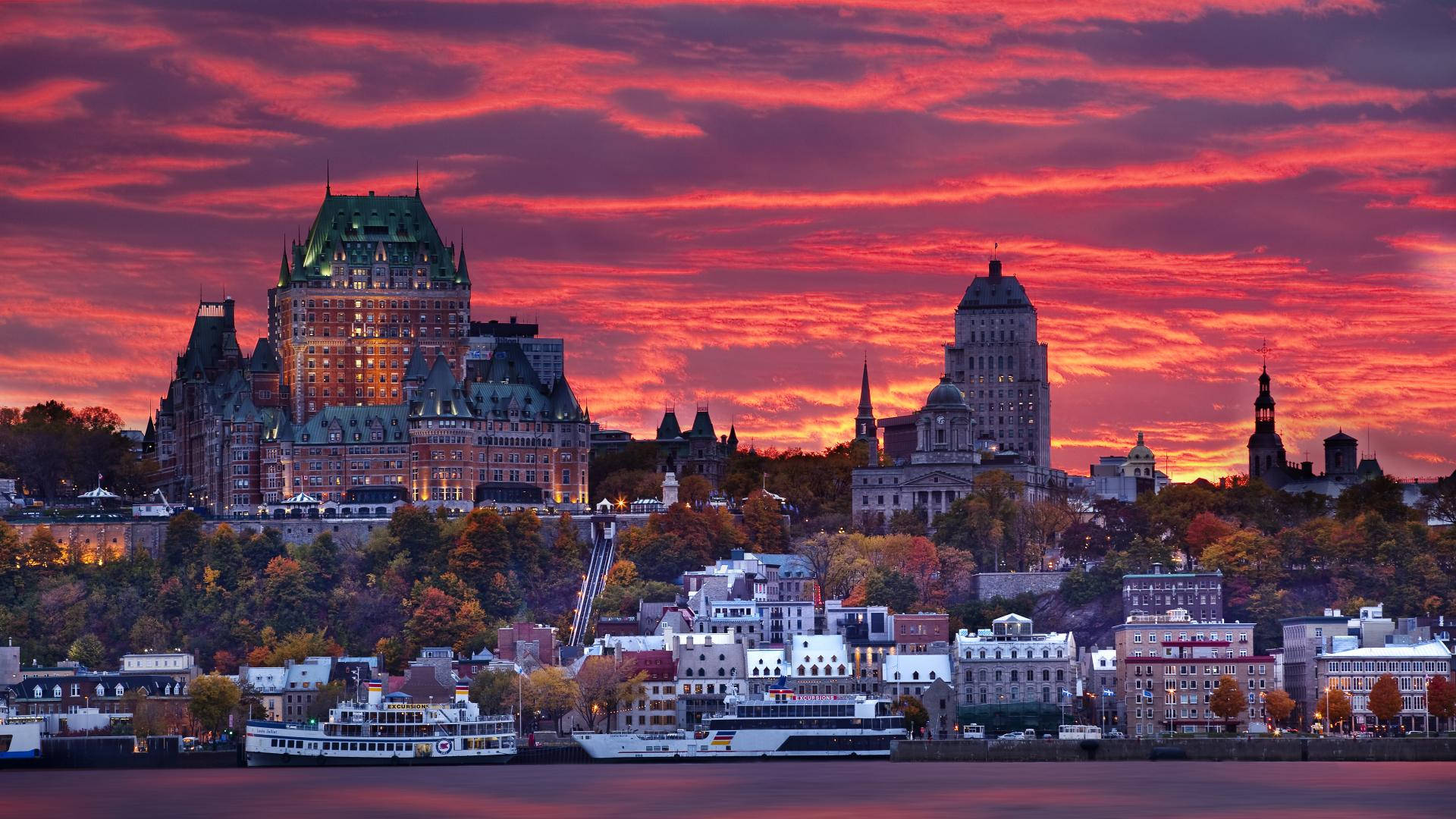 Quebec City, red sunset, historic skyline, Full HD Desktop Wallpaper
