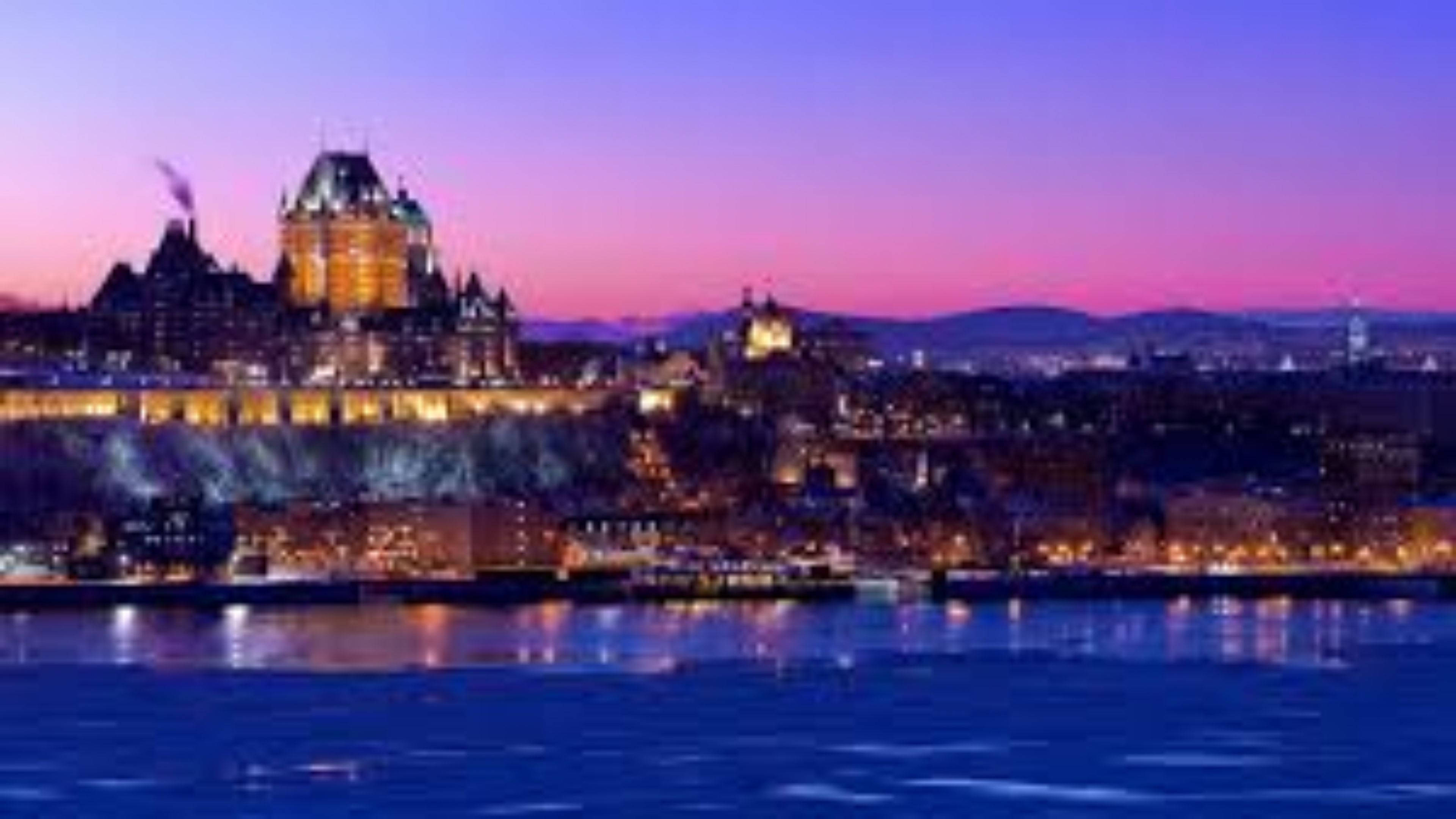 Quebec City, twilight, purple and pink sky, 4K Desktop Wallpaper
