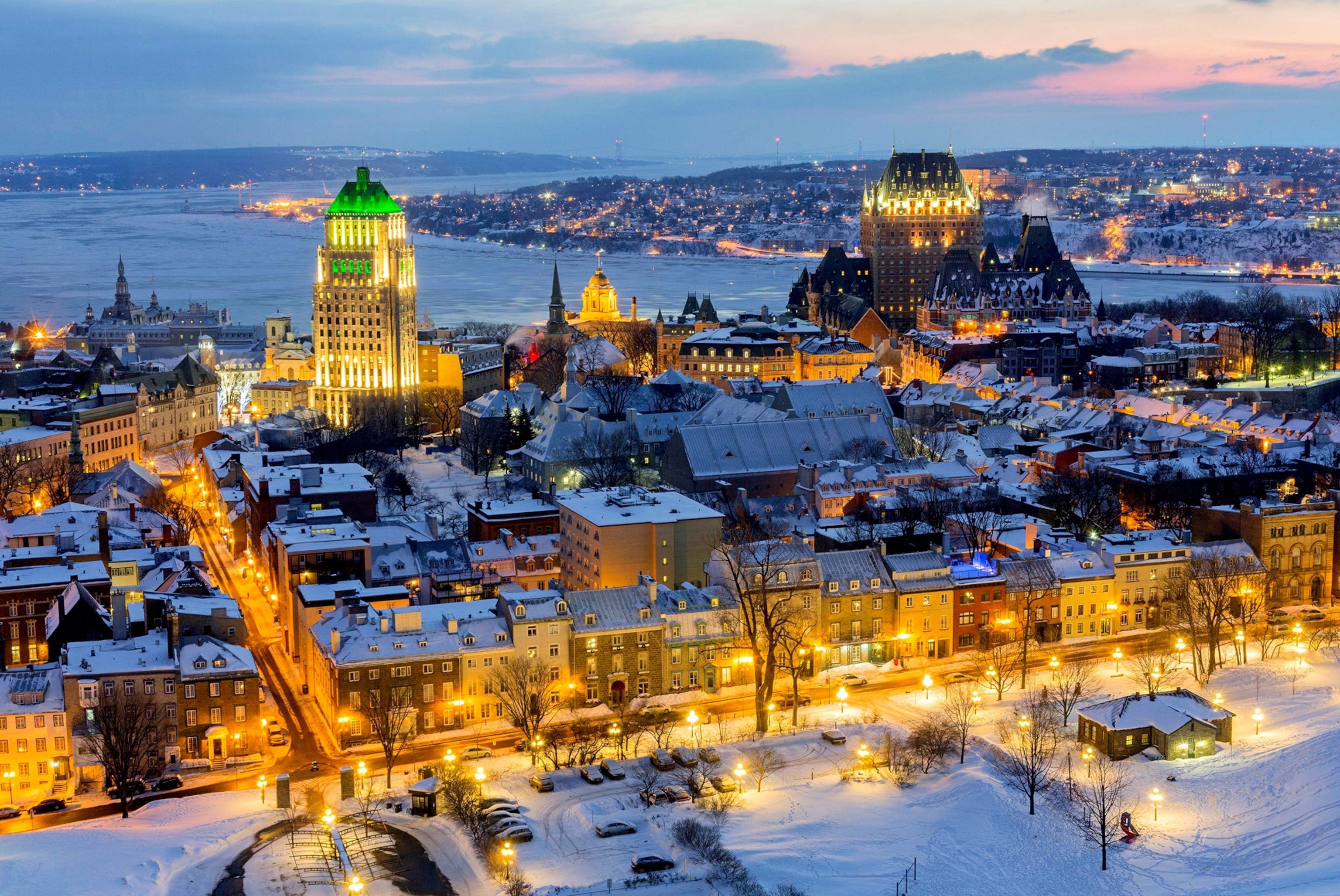Quebec City, twilight, snow, 2K Desktop Wallpaper