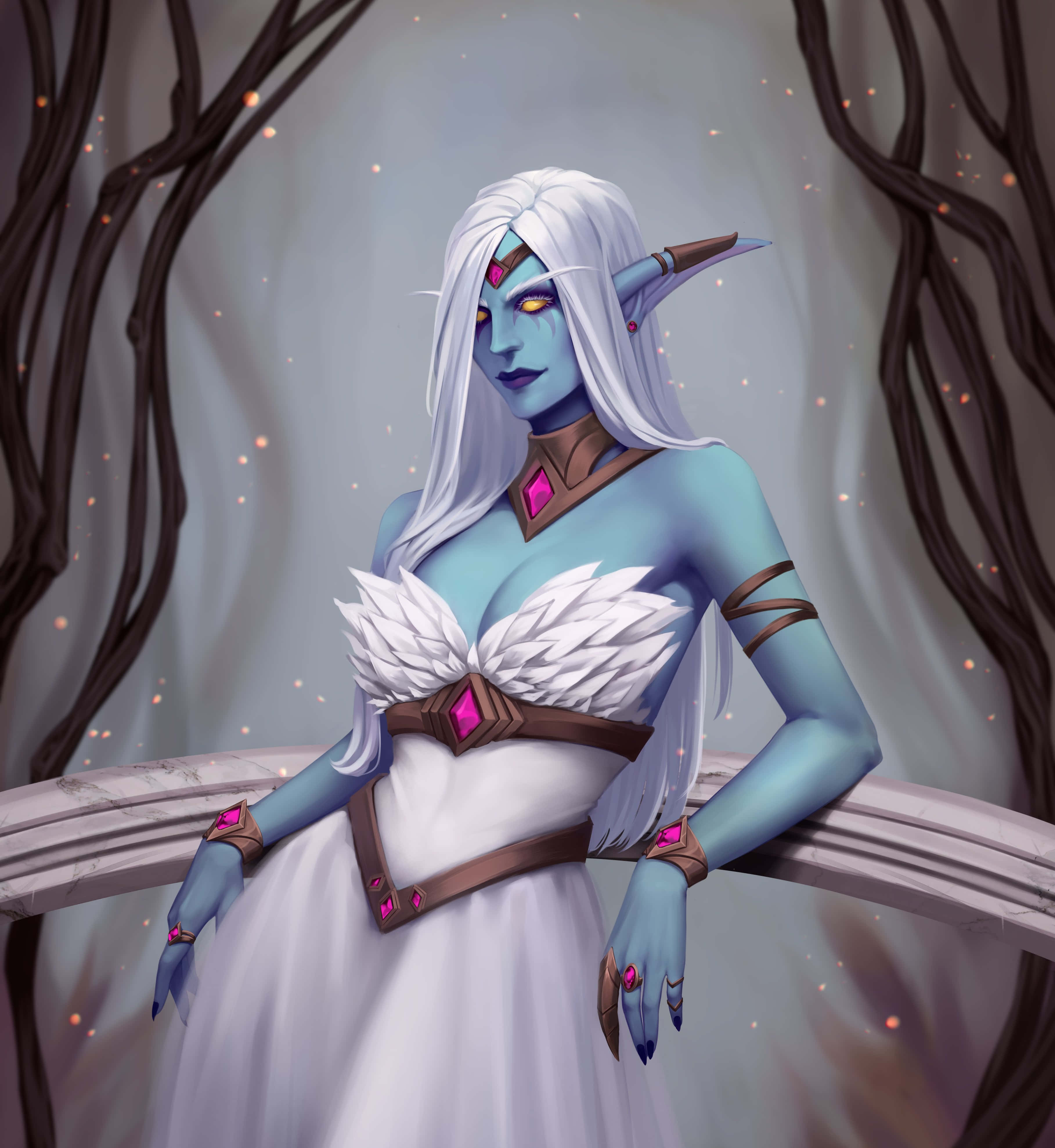 Queen Azshara, blue-skinned elf woman, white hair, 4K Phone Wallpaper