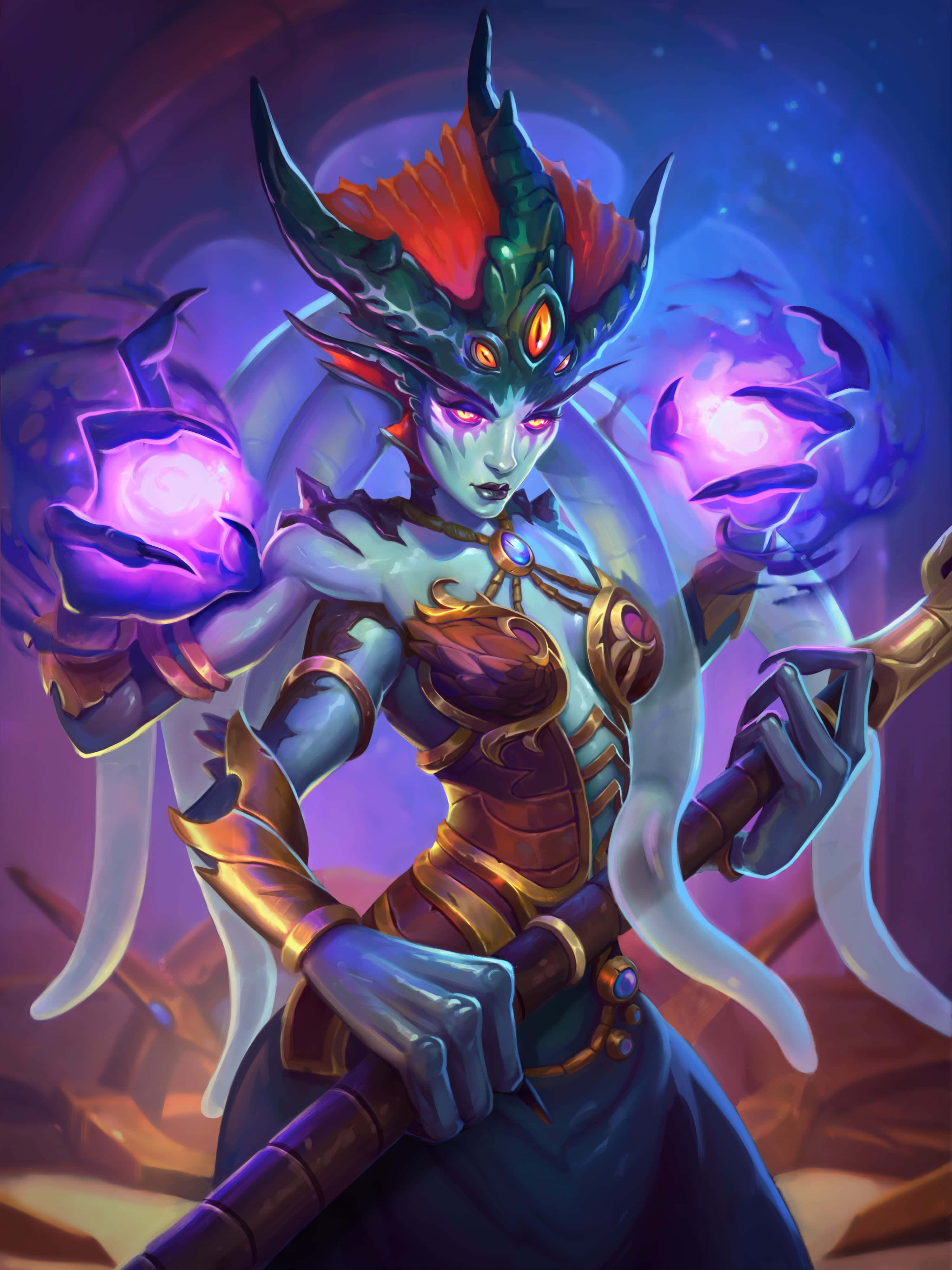 Queen Azshara, glowing purple eyes, ornate armor, 4K Phone Wallpaper
