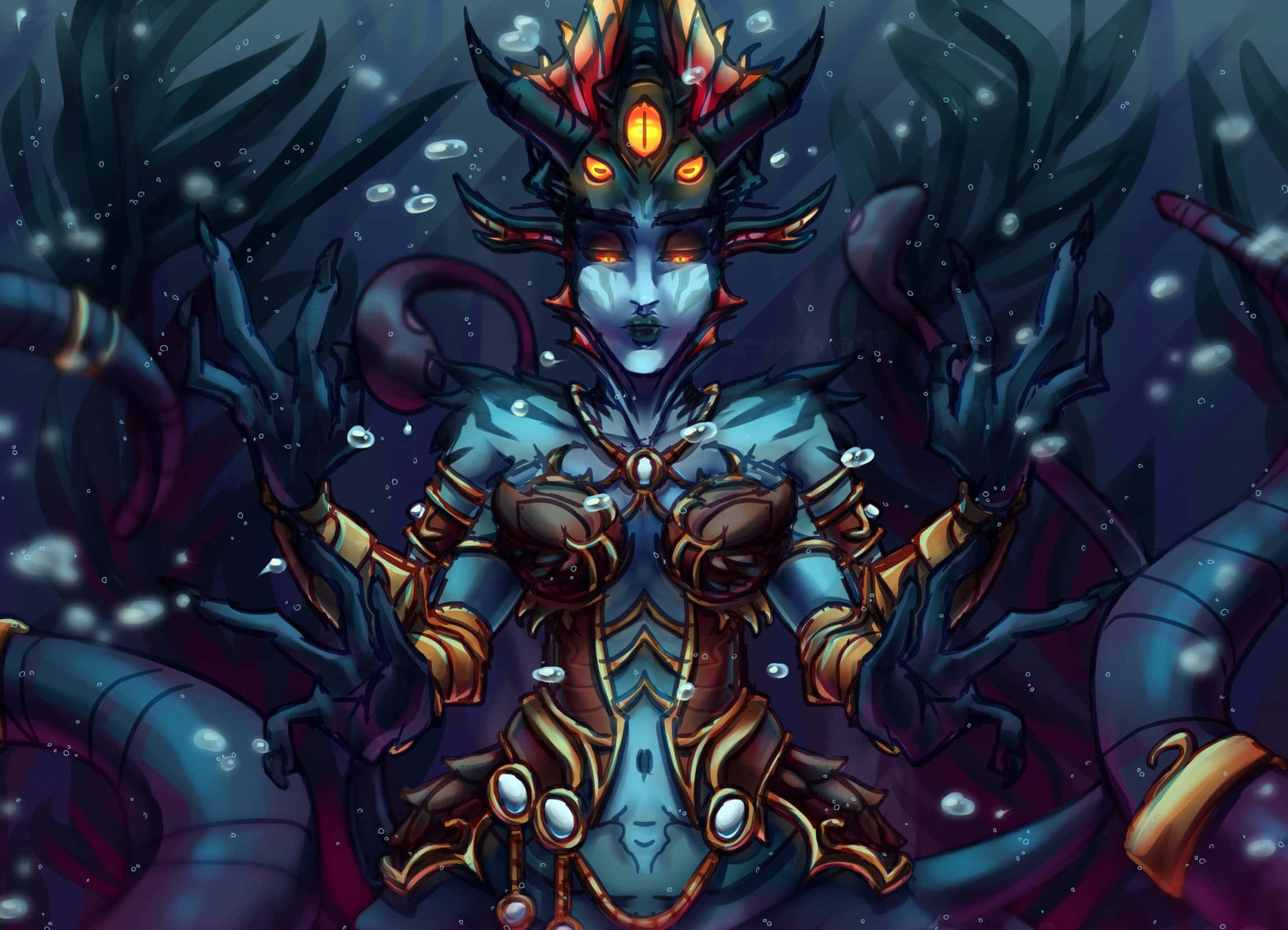 Queen Azshara, blue-skinned sea goddess, glowing orange eyes, Full HD Desktop Wallpaper