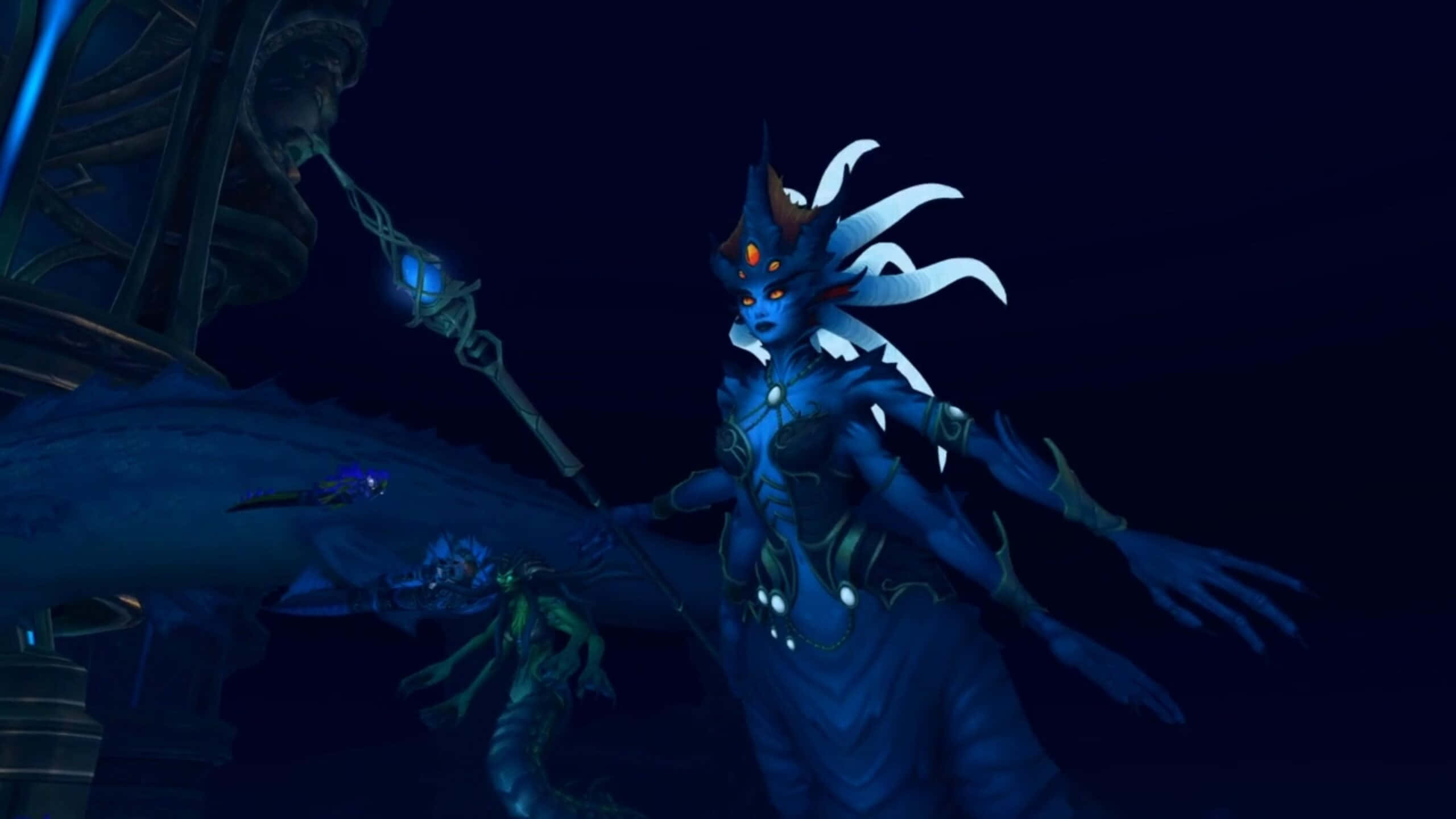 Queen Azshara, glowing staff, blue-skinned fantasy character, 2K Desktop Wallpaper