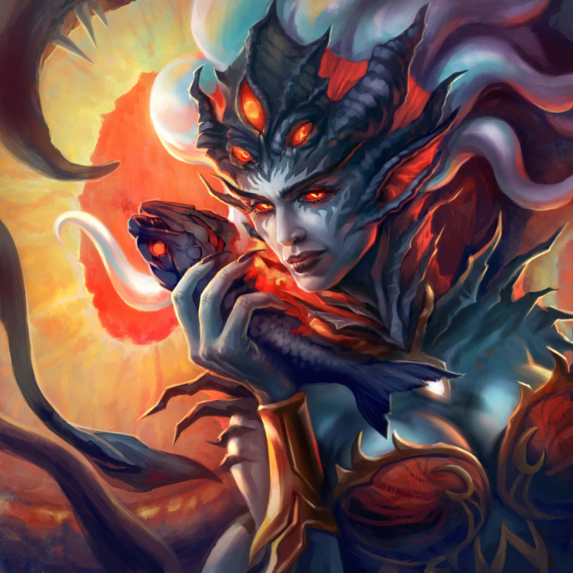 Queen Azshara, demonic dragon-headed woman, glowing red eyes, Full HD Desktop Wallpaper