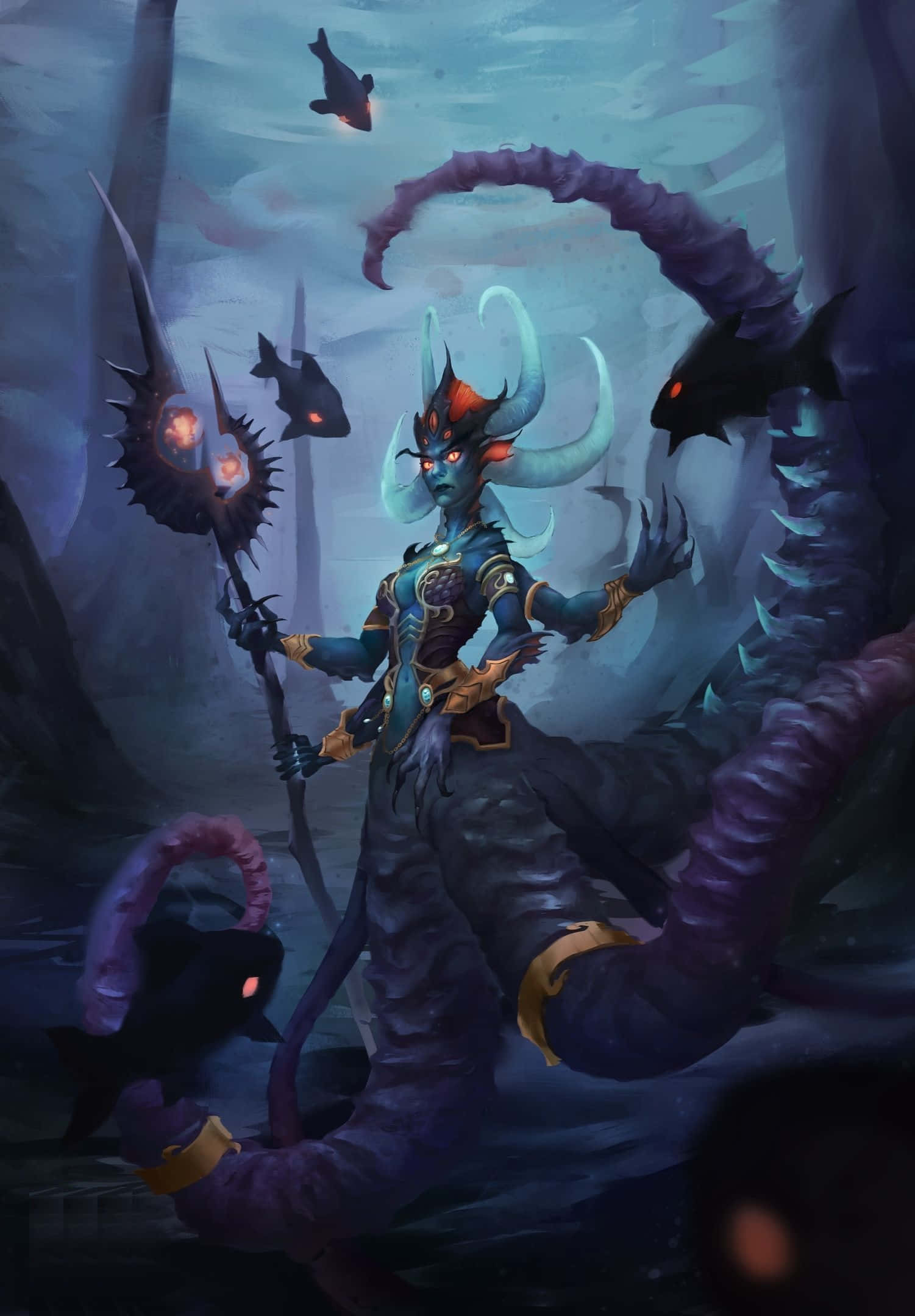 Queen Azshara, blue-skinned sea goddess, glowing red eyes, Full HD Phone Wallpaper