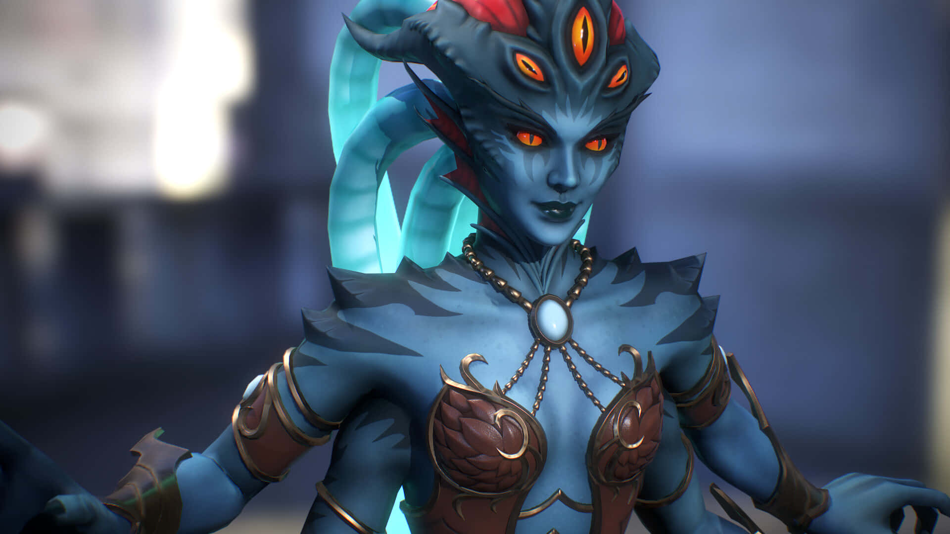 Queen Azshara, blue-skinned, glowing orange eyes, Full HD Desktop Wallpaper