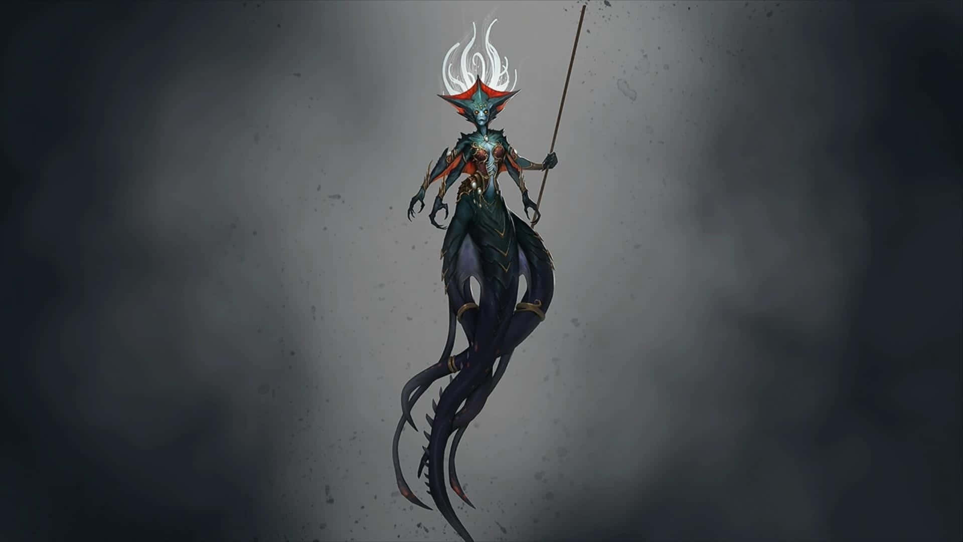 Queen Azshara, glowing white flame-like hair, long tentacled body, Full HD Desktop Wallpaper
