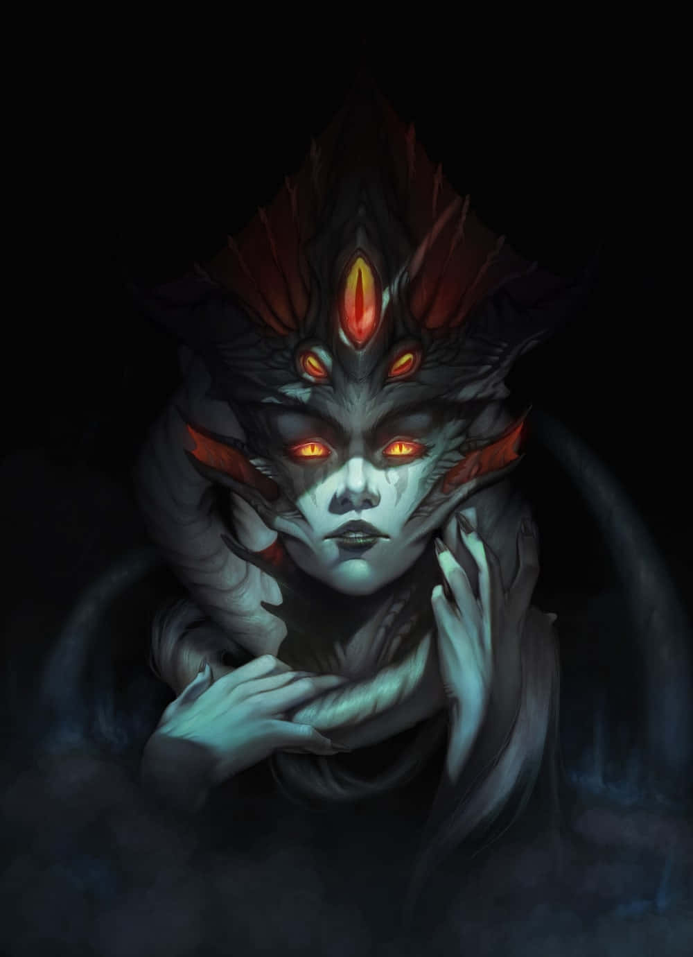 Queen Azshara, glowing orange eyes, red spiky crown, HD Phone Wallpaper