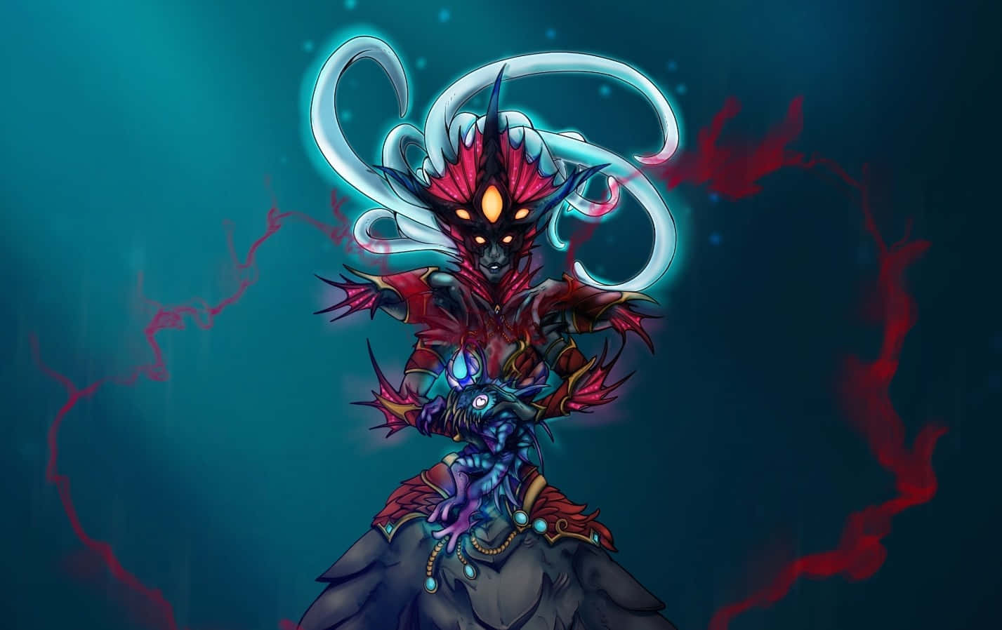Queen Azshara, red and black demonic figure, glowing eyes, HD Desktop Wallpaper