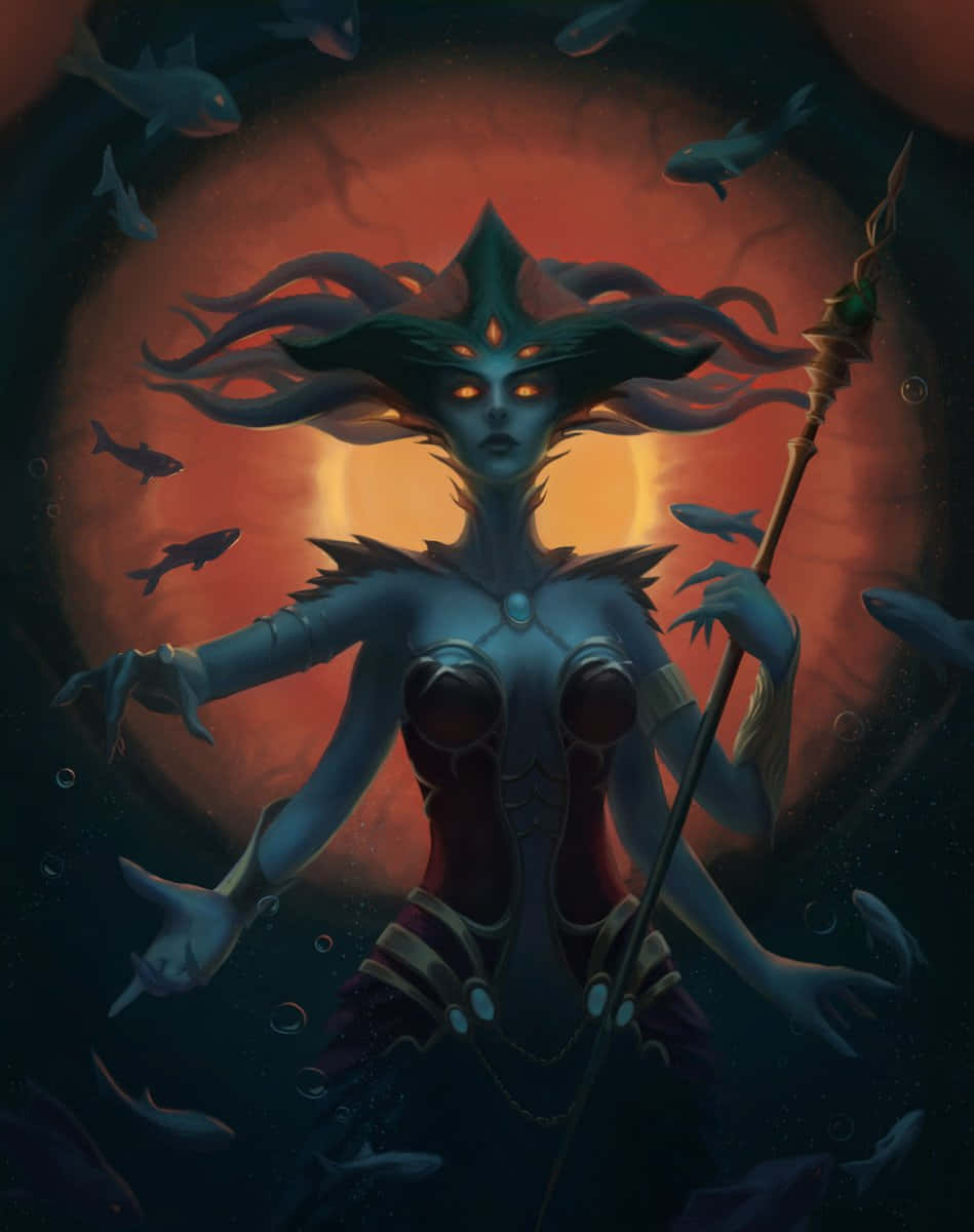 Queen Azshara, blue-skinned sea goddess, glowing orange eyes, SD Phone Wallpaper