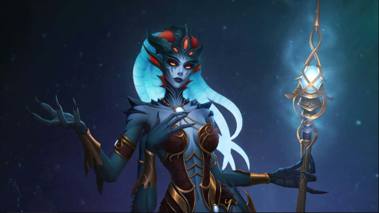 Queen Azshara, glowing red eyes, blue scales, HD Desktop Wallpaper