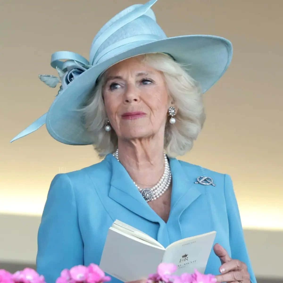 Queen Camilla, sloped hat, light blue suit, SD Desktop Wallpaper
