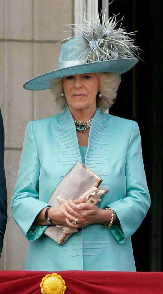 Queen Camilla, light blue outfit, feathered hat, SD Phone Wallpaper