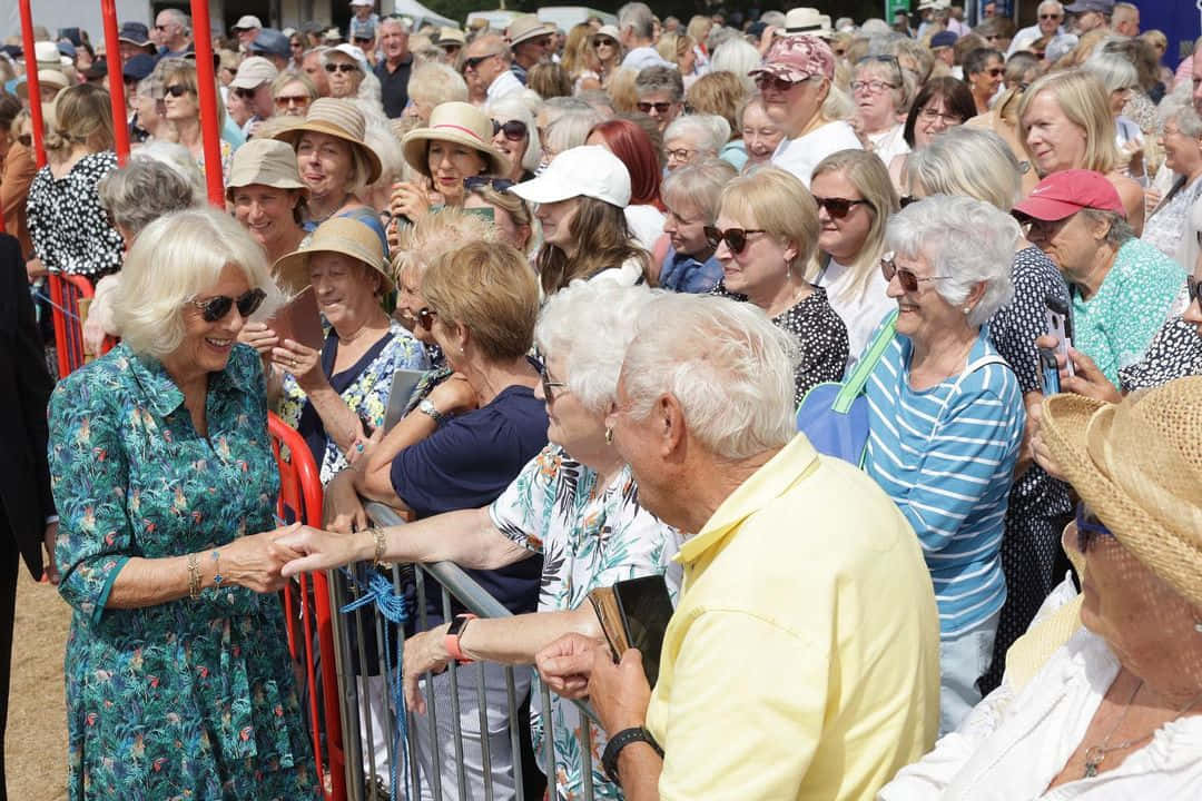 Queen Camilla, floral dress, red barriers, SD Desktop Wallpaper