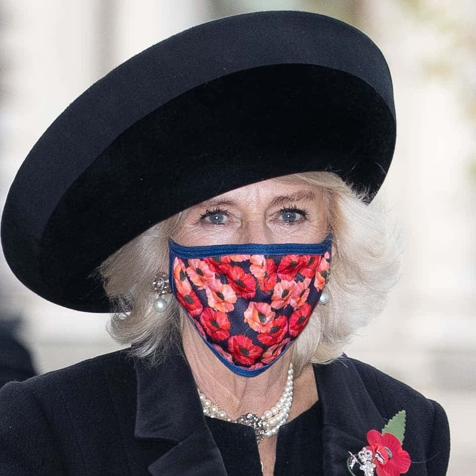 Queen Camilla, poppy mask, black hat, SD Desktop Wallpaper