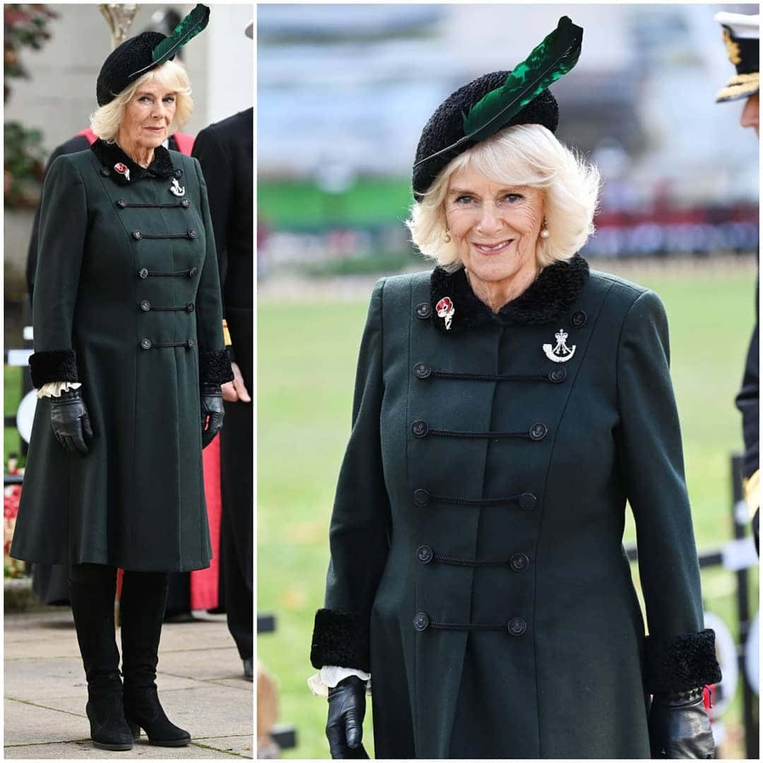 Queen Camilla, dark olive outfit, dark green double-breasted coat, SD Desktop Wallpaper