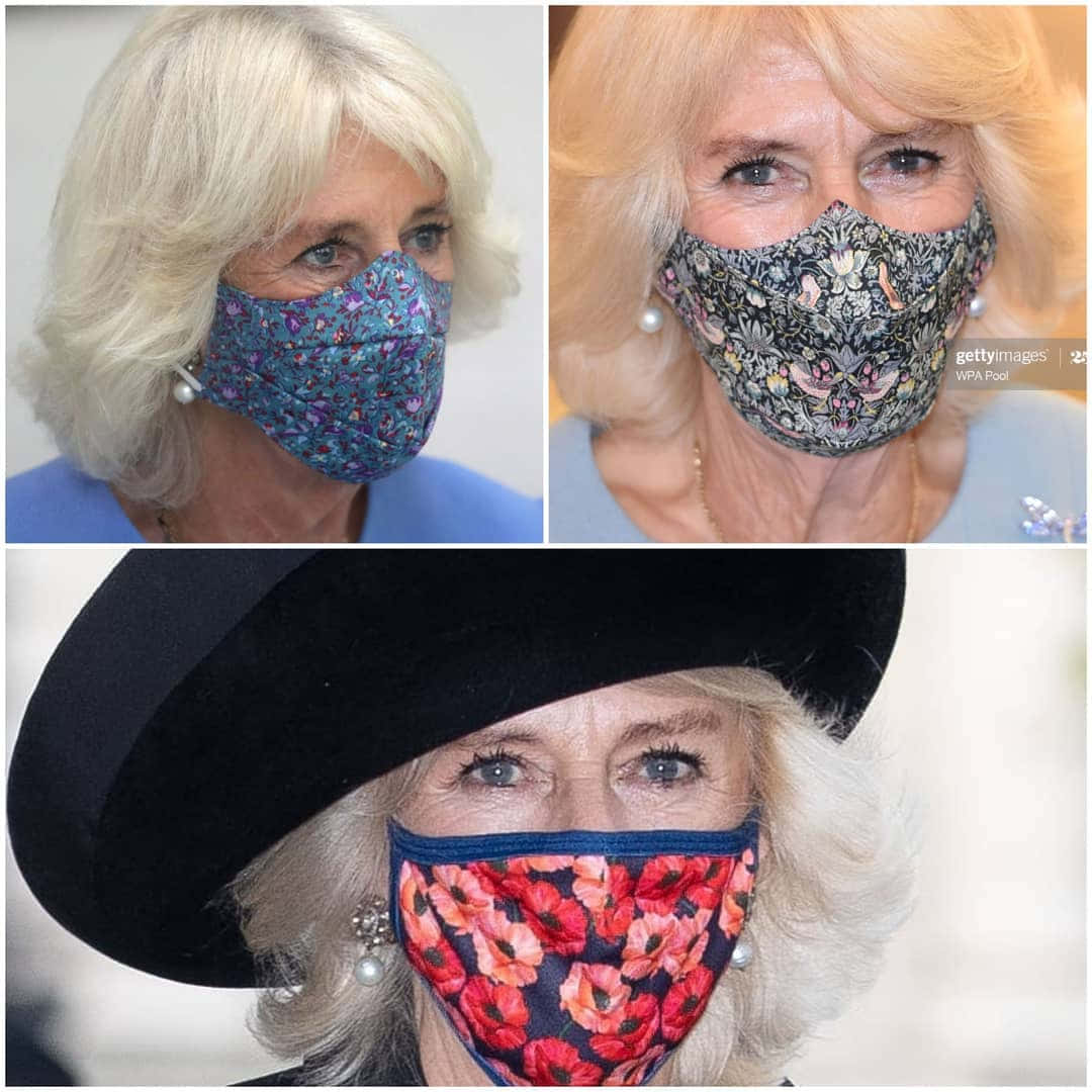 Queen Camilla, floral patterned face masks, close-up portraits, SD Desktop Wallpaper