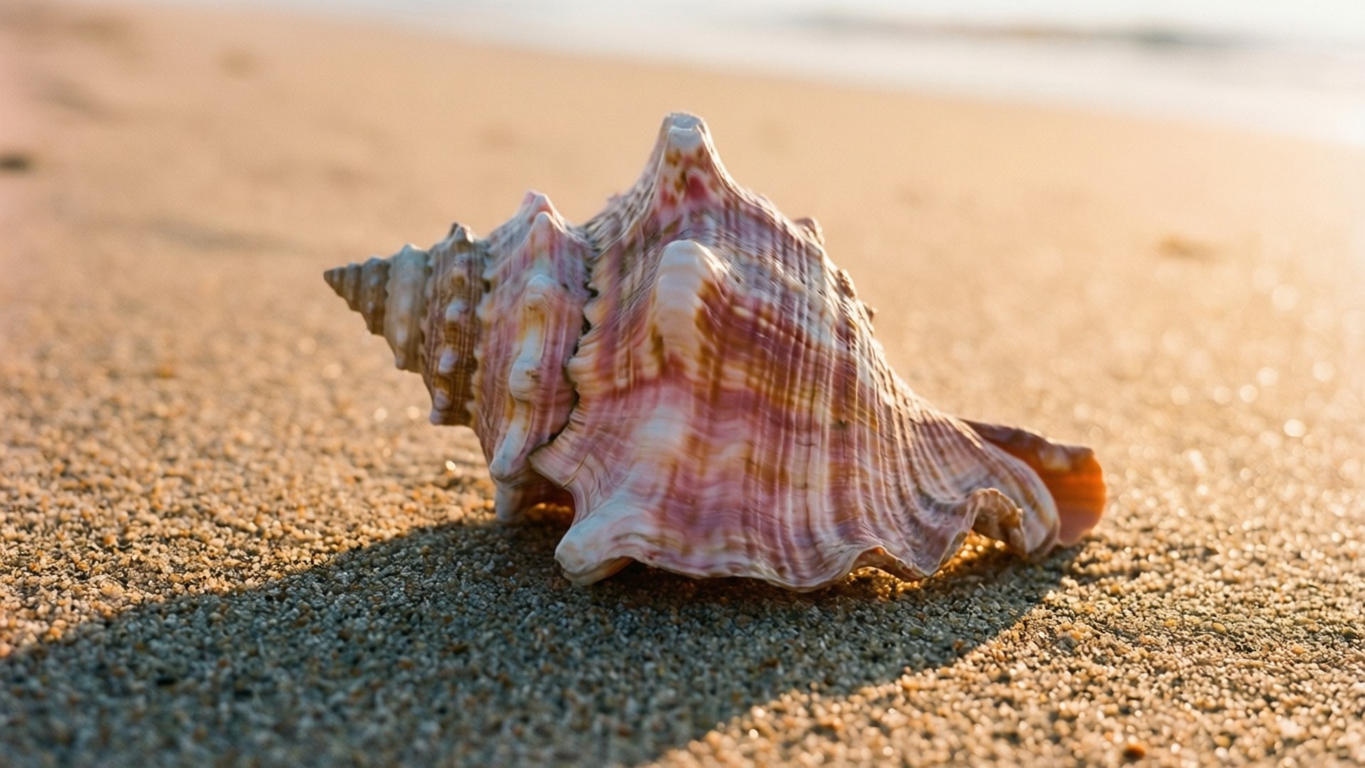 Golden Morning Conch, pink and white conch shell, golden sand, Full HD Desktop Wallpaper
