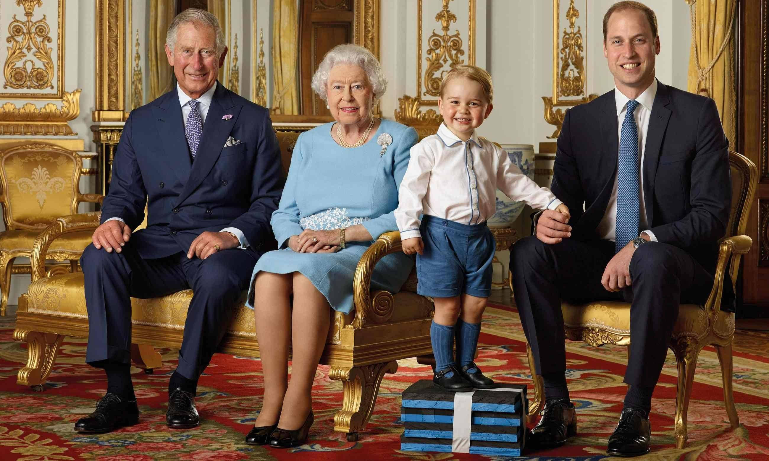 Queen Elizabeth, three generation princes, ornate golden chairs, 2K Desktop Wallpaper