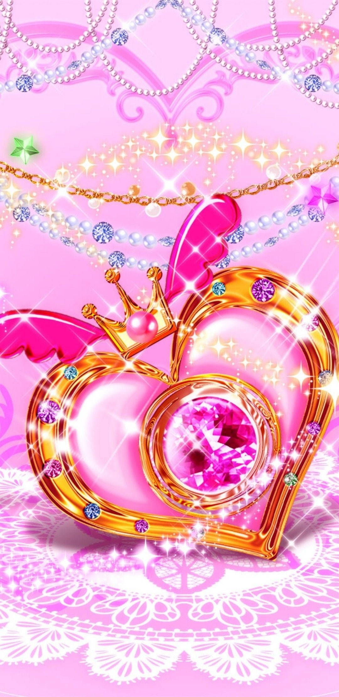 Queen Girly, sparkly heart, golden heart-shaped pendant, Full HD Phone Wallpaper