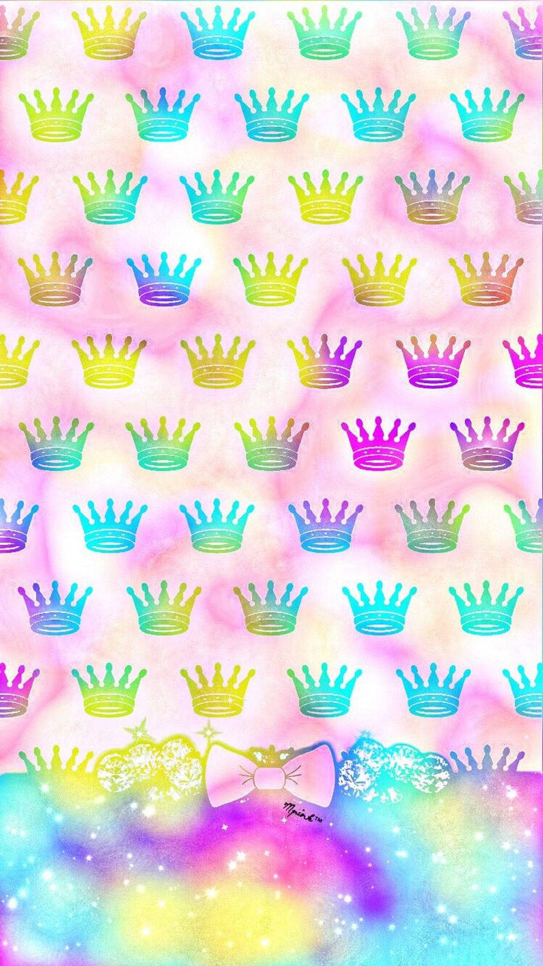 rainbow crowns, pastel gradient sky, glittering bow, Full HD Phone Wallpaper