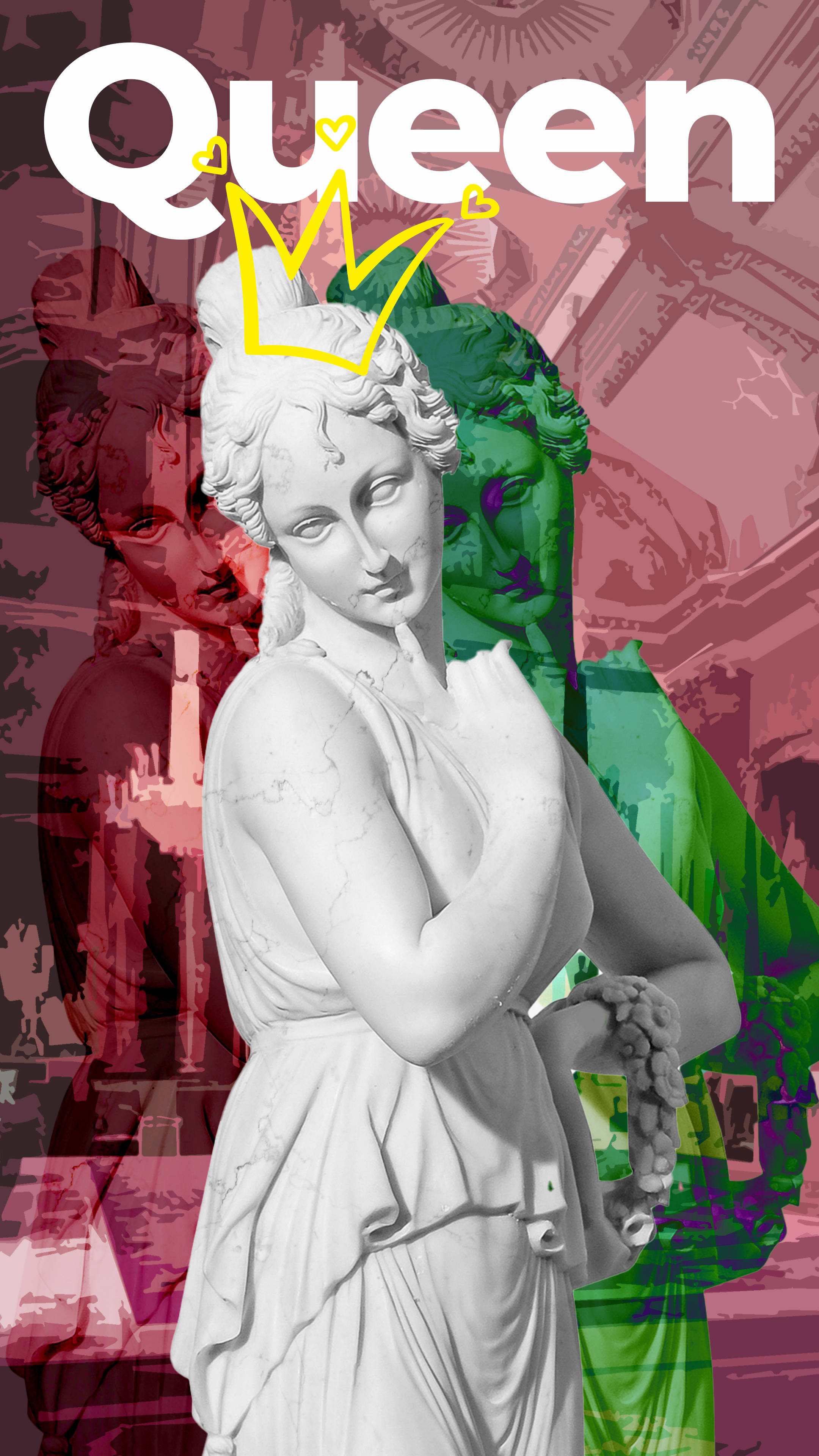 Queen, yellow crown, vibrant red and green glitchy background, 4K Phone Wallpaper