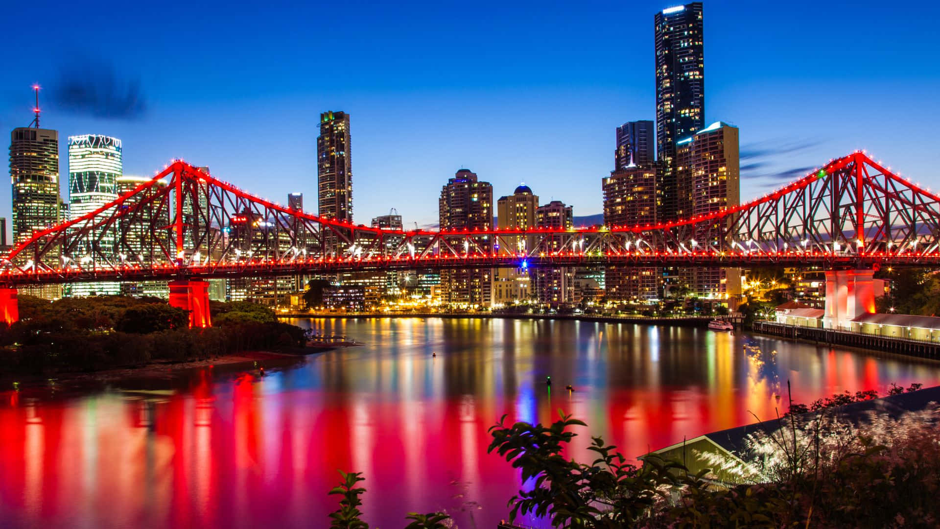 Queensland, vibrant red bridge, river at dusk, Full HD Desktop Wallpaper