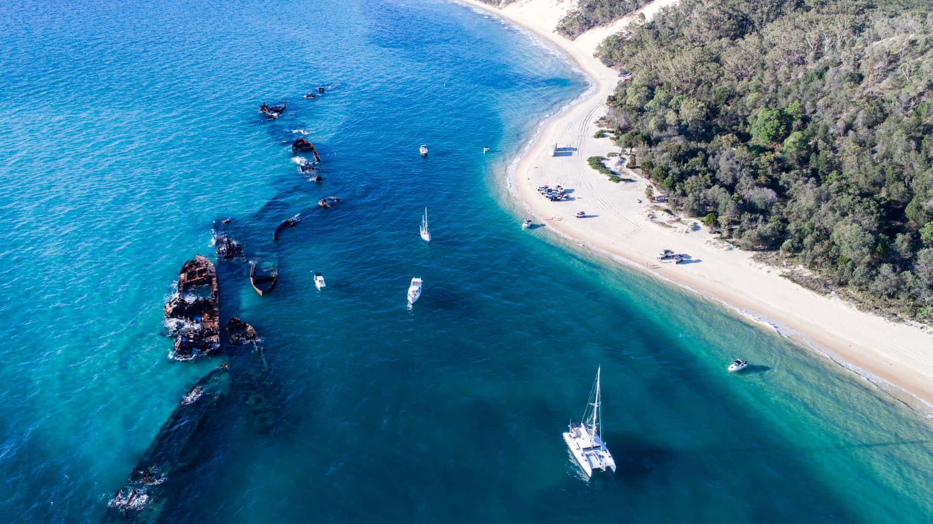 turquoise waters, shipwrecks, sailboats, Full HD Desktop Wallpaper