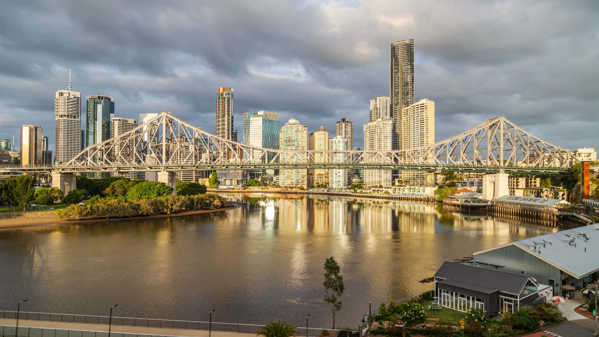 steel truss bridges, wide river, cloudy skies, Full HD Desktop Wallpaper