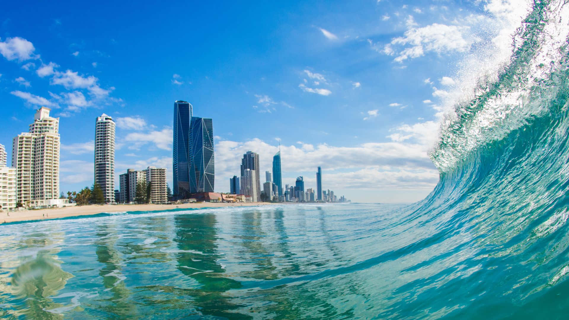 turquoise wave, sunlit beach, modern city skyline, Full HD Desktop Wallpaper