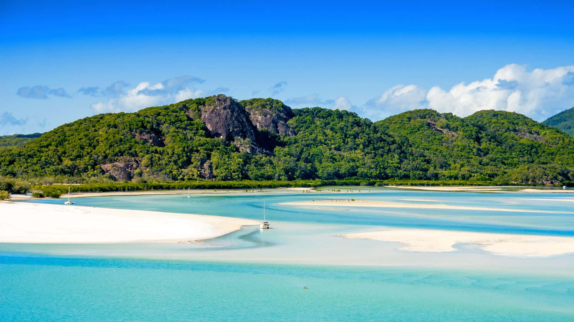 turquoise lagoon, white sandbanks, sailboats, Full HD Desktop Wallpaper