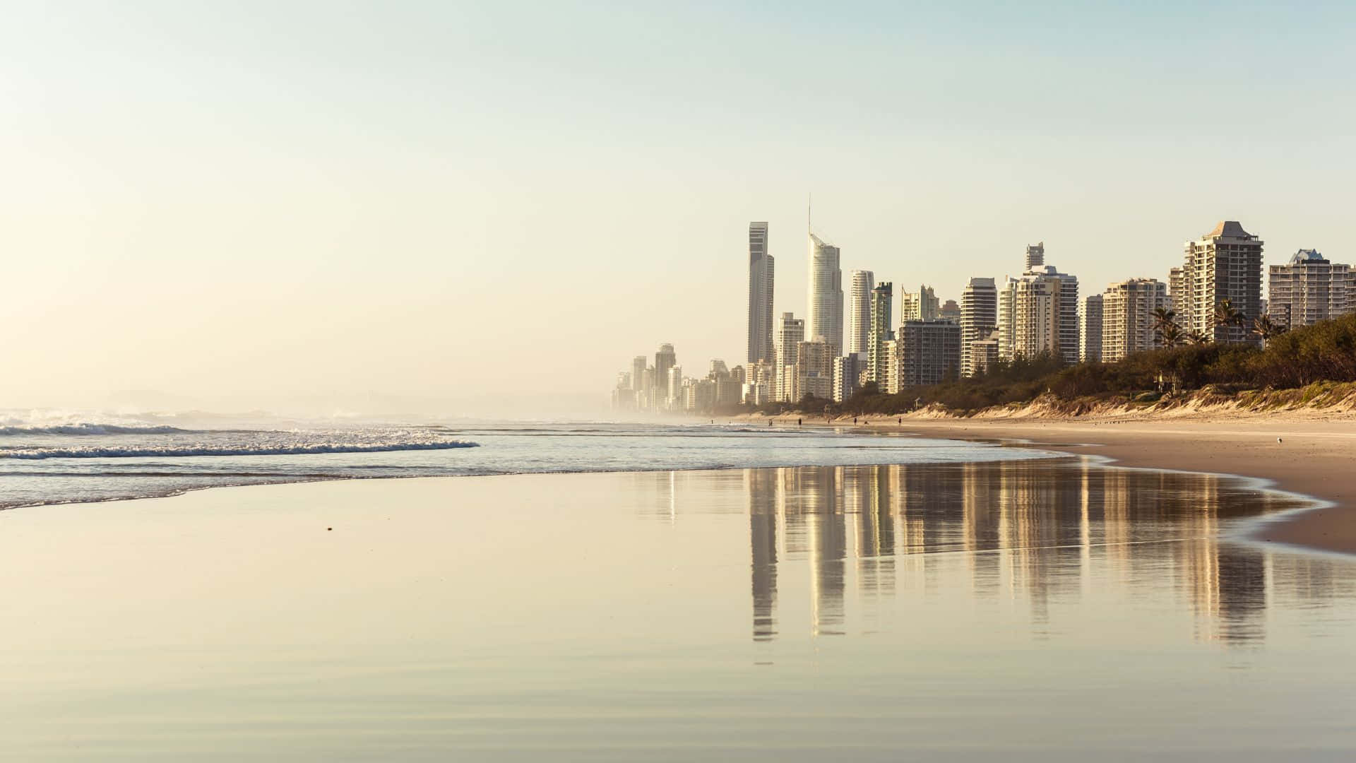Sunrise, calm beach, city skyline, Full HD Desktop Wallpaper