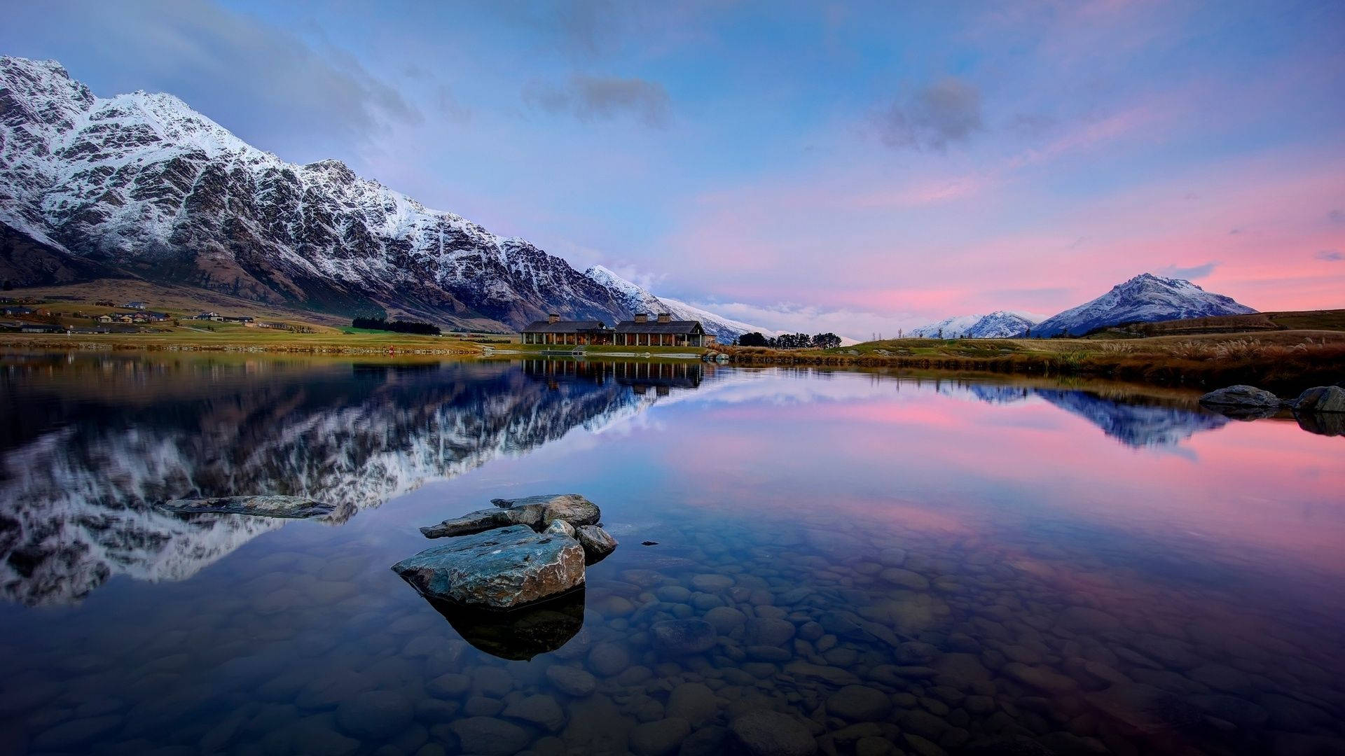 Lake in Queenstown New Zealand, snowcapped mountains, glassy lake, Full HD Desktop Wallpaper