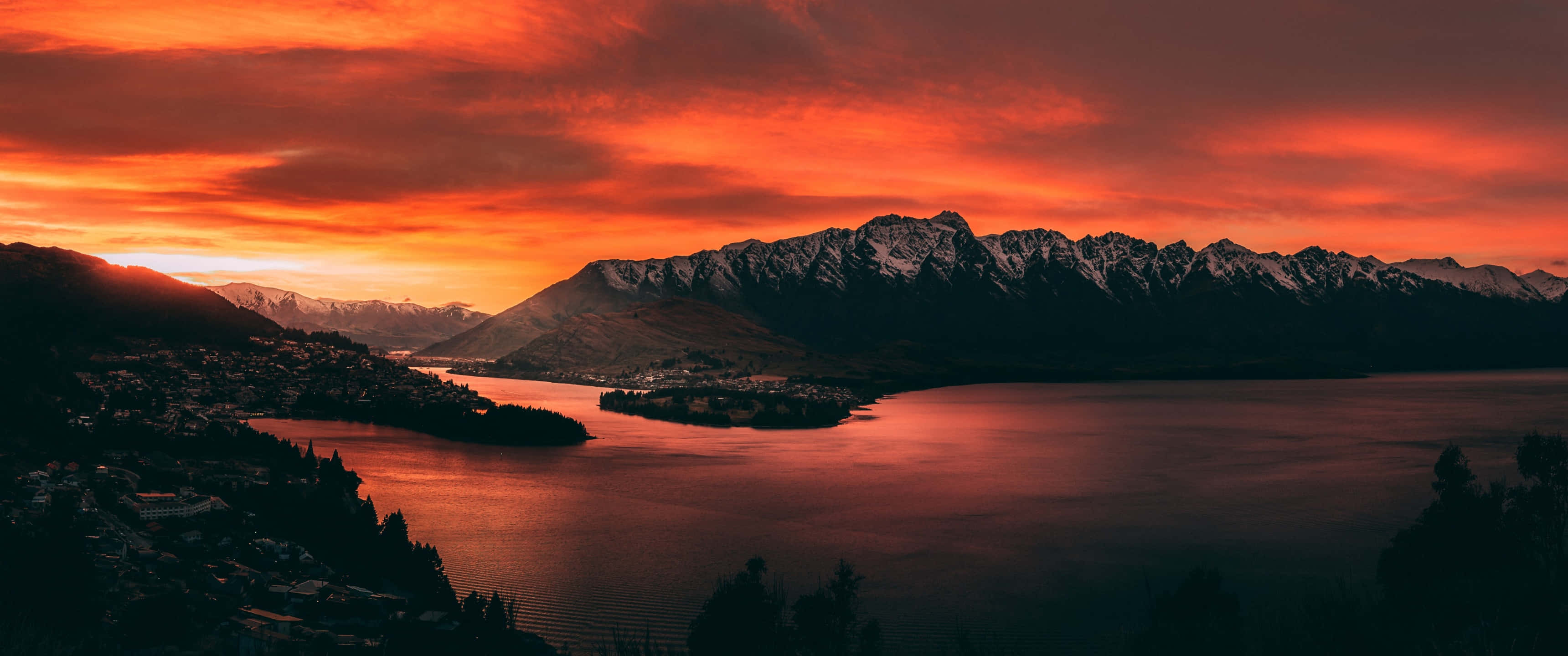 Queenstown, sunset, mountain silhouette, 2K Desktop Wallpaper