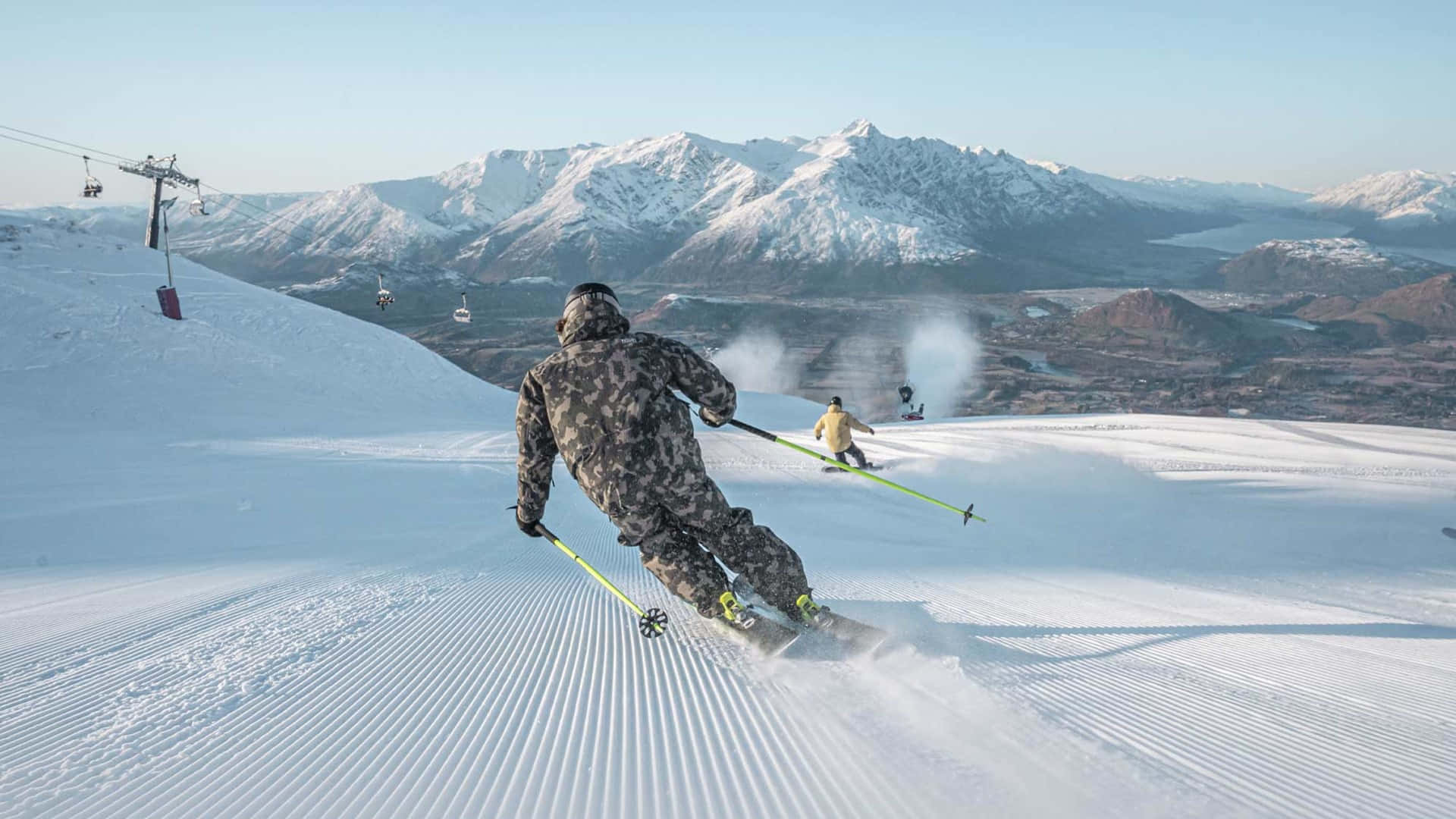Queenstown, winter skiing adventure, groomed snowy slope, Full HD Desktop Wallpaper