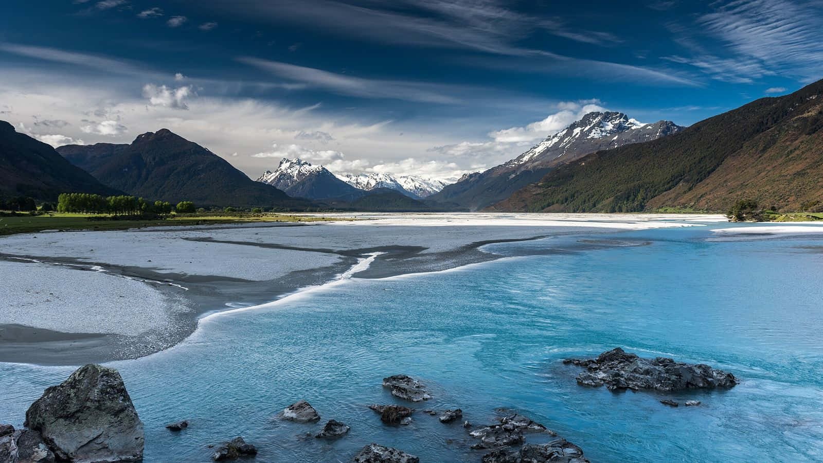 Queenstown New Zealand, river delta, mountain view, HD Desktop Wallpaper