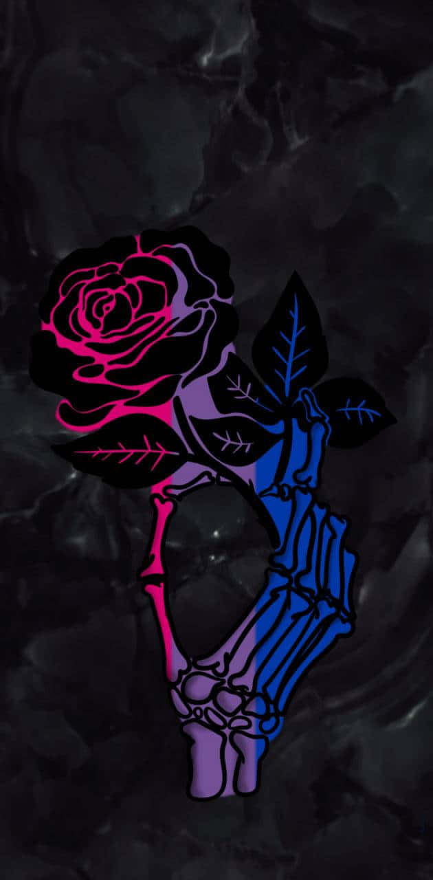 bisexual rose skeleton, neon pink and blue, glowing rose, HD Phone Wallpaper