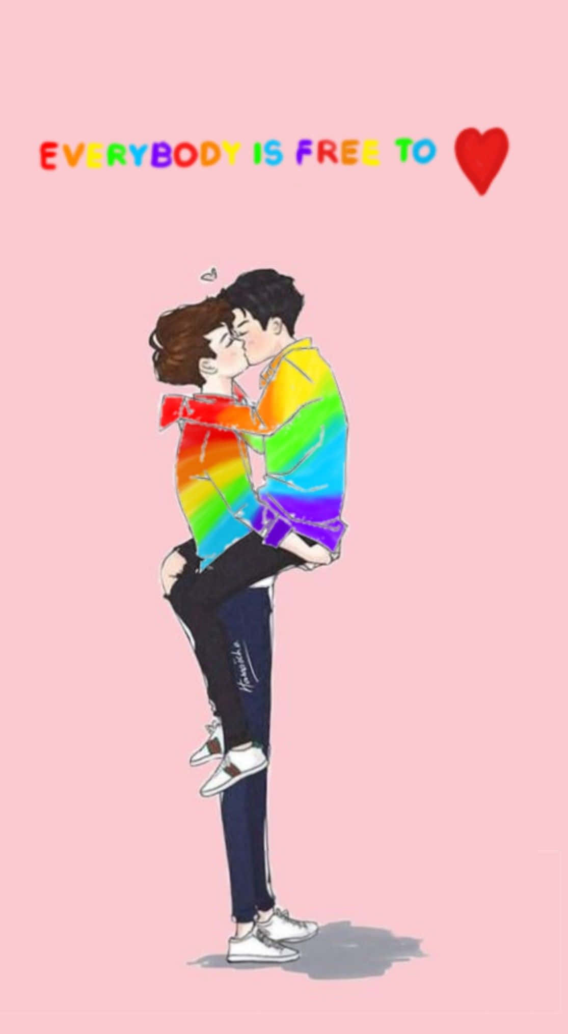 Lgbt Anime Boy Lovers, rainbow shirts, soft pink background, Full HD Phone Wallpaper