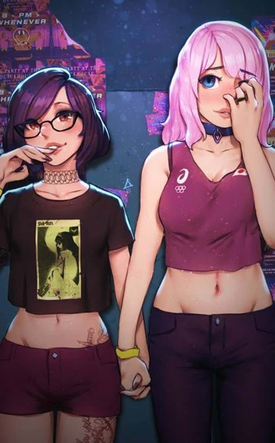 Lgbt Anime Girls, pink and purple hair, neon-lit urban wall, HD Phone Wallpaper